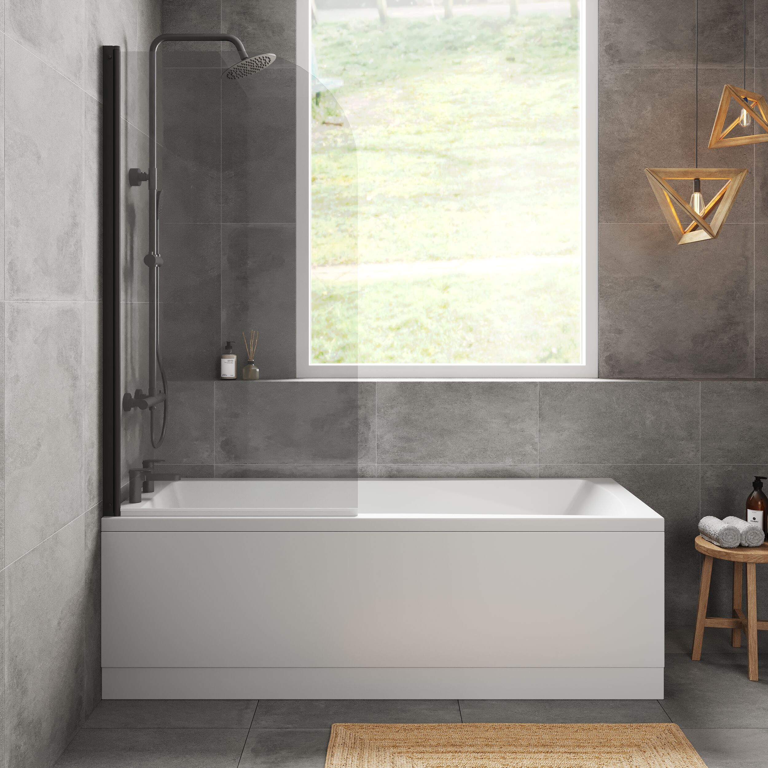 Square Single Ended 1700x700 Bath with Front Panel & Black Round Corner Screen - Image 2