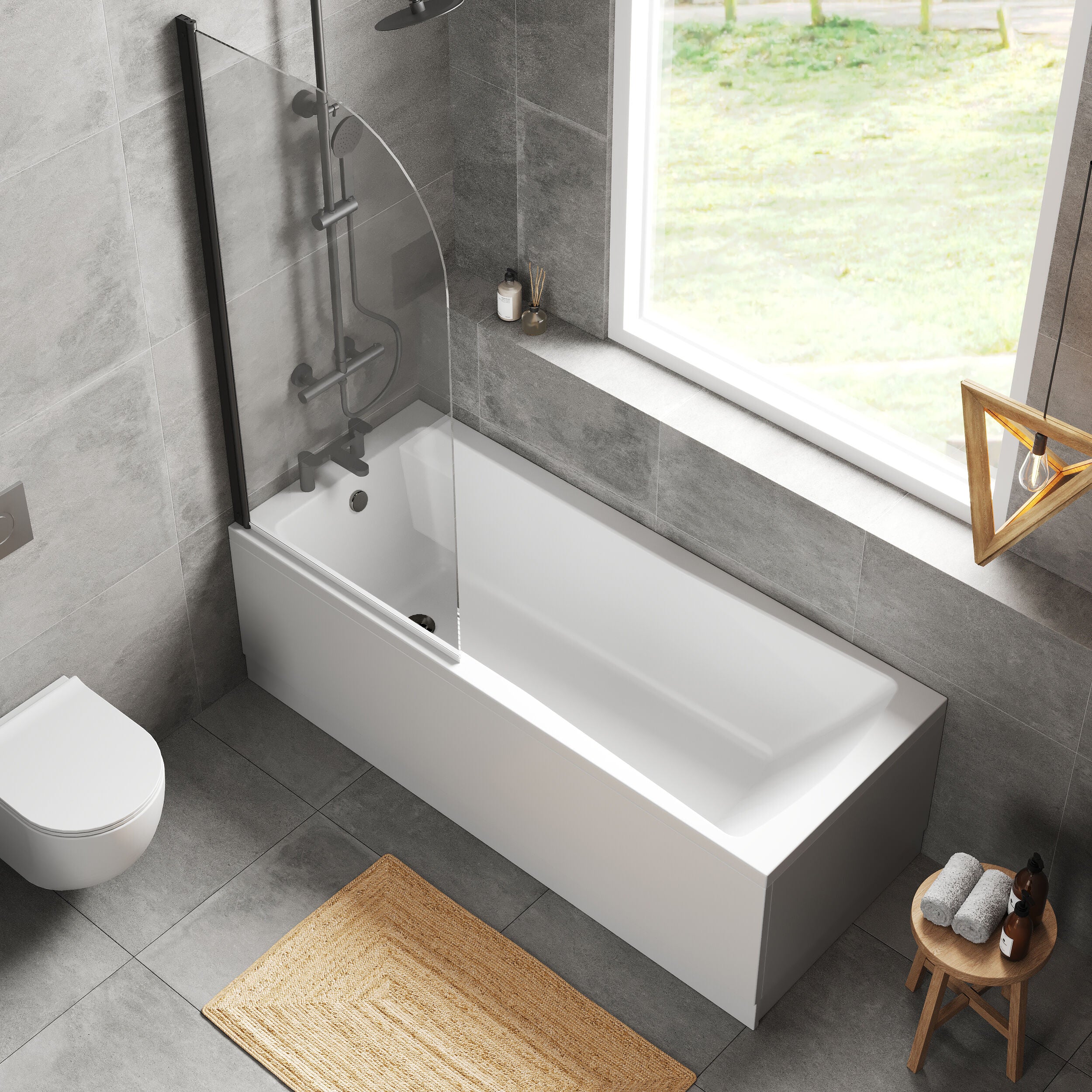 Square Single Ended 1700x700 Bath with Front Panel & Black Round Corner Screen - Image 3