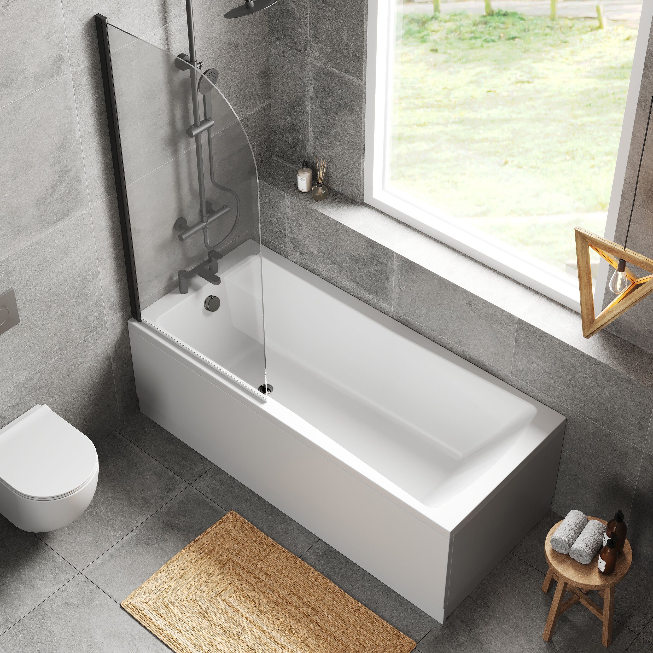 Square Single Ended 1700x750 Bath with Front Panel & Black Round Corner Screen - Image 3