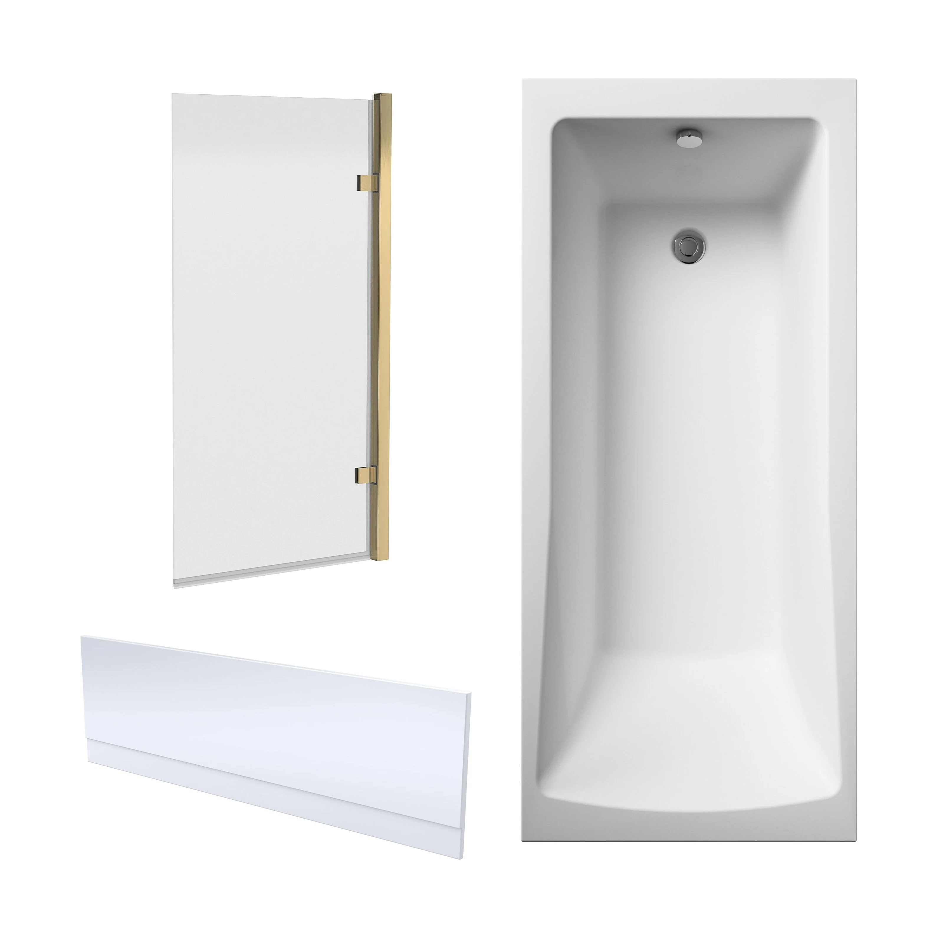 Square Single Ended 1700x700 Shower Bath Set - Front Panel & Brushed Brass Hinged Screen