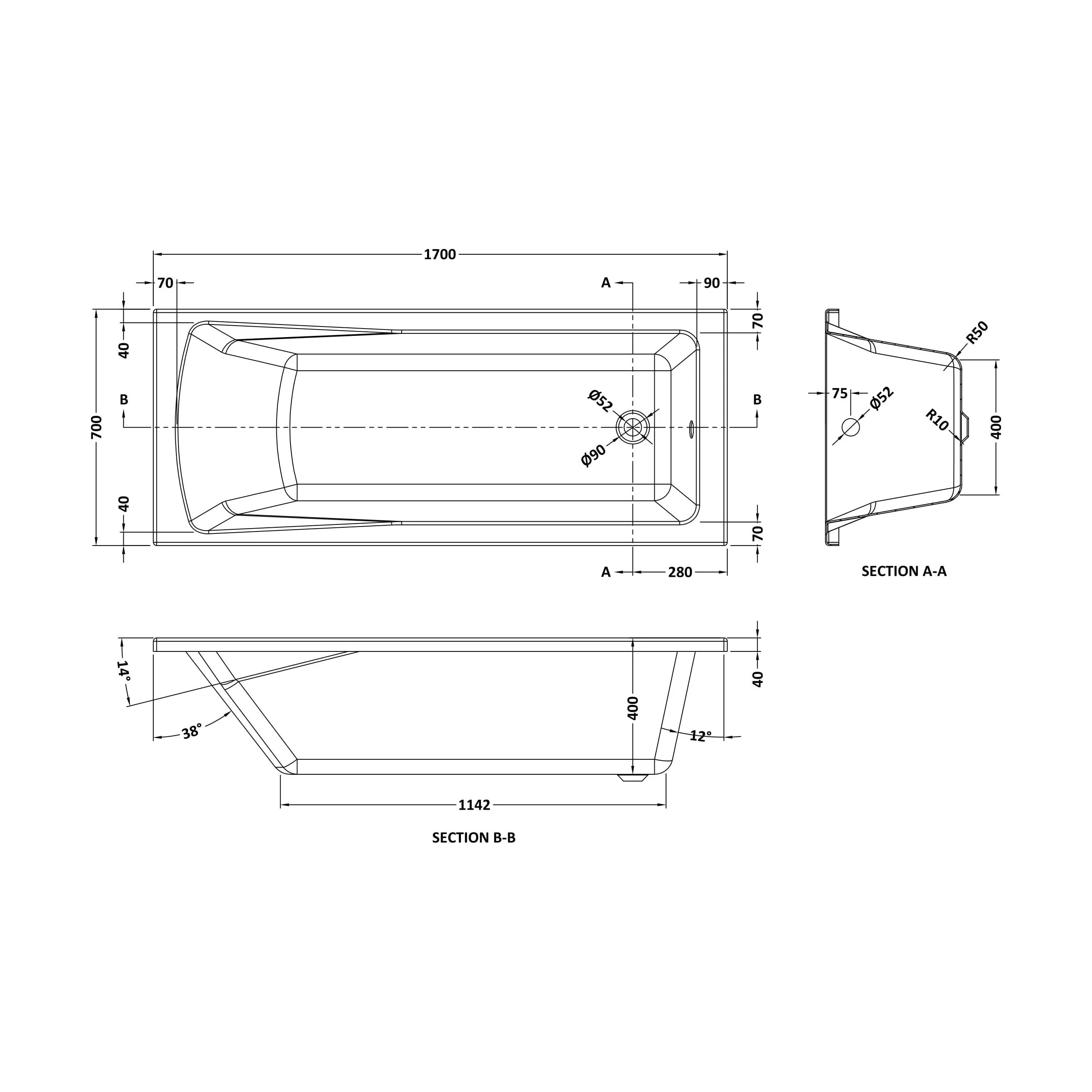 Square Single Ended 1700x700 Shower Bath Set - Front Panel & Brushed Brass Round Corner Screen - Image 2