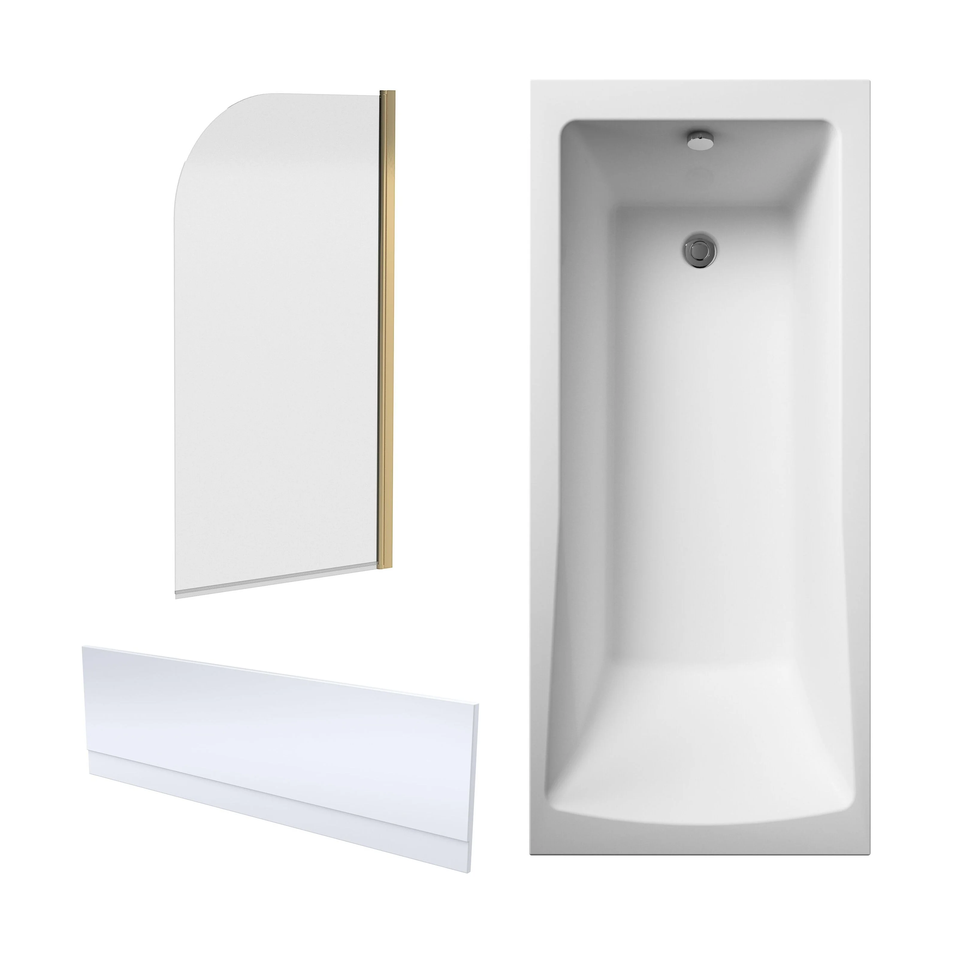 Square Single Ended1700x750 Shower Bath Set - Front Panel & Brushed Brass Round Corner Screen
