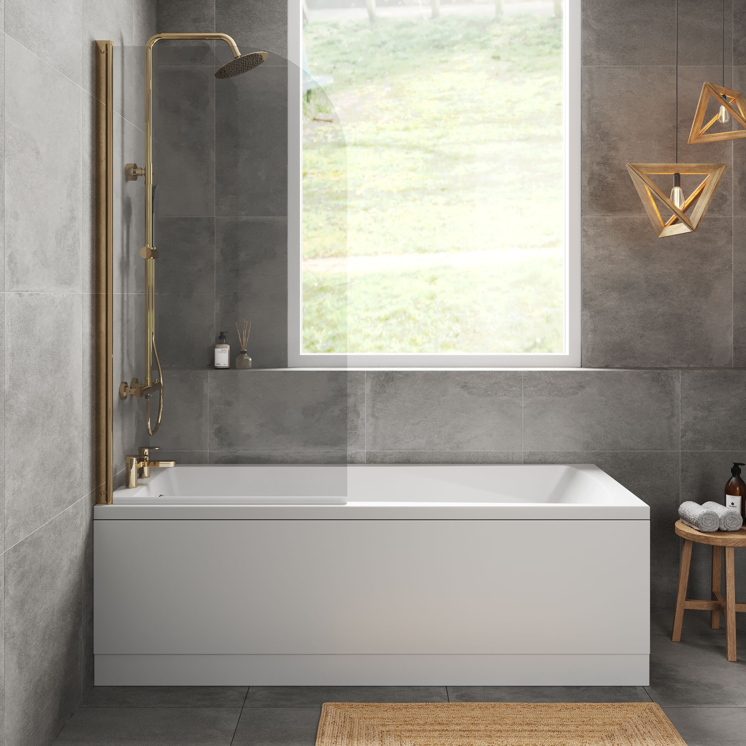 Square Single Ended1700x750 Shower Bath Set - Front Panel & Brushed Brass Round Corner Screen - Image 2
