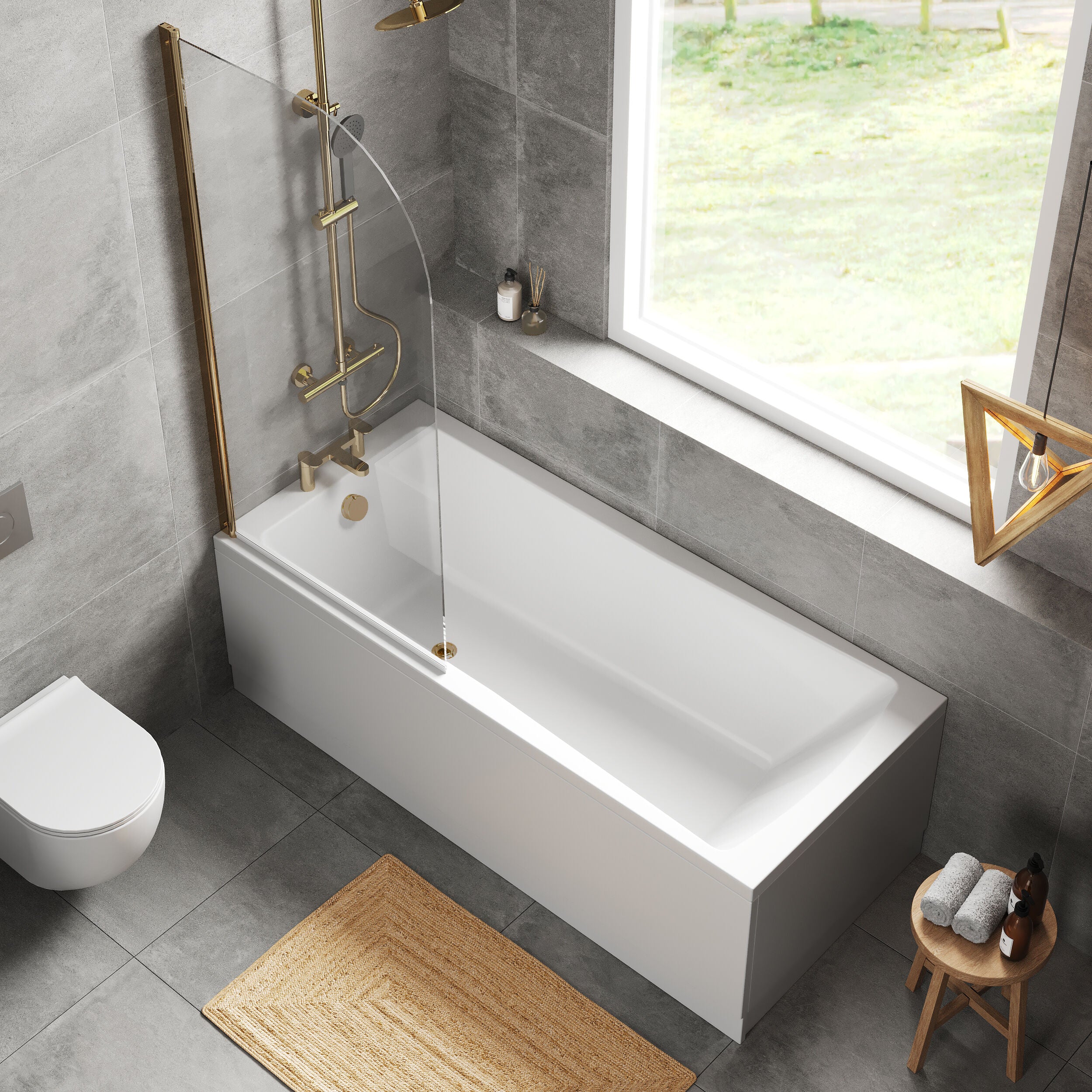 Square Single Ended1700x750 Shower Bath Set - Front Panel & Brushed Brass Round Corner Screen - Image 3