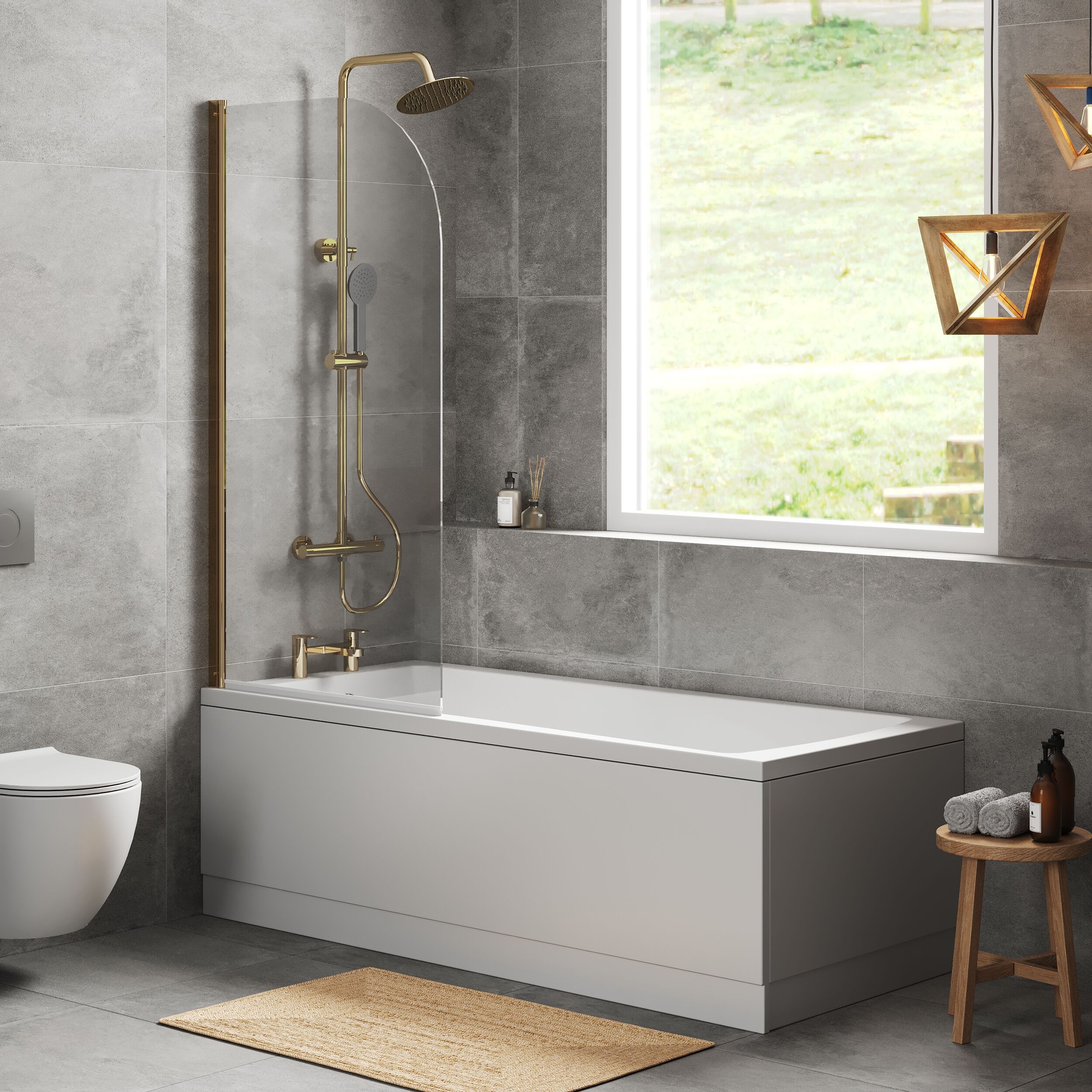 Square Single Ended1700x750 Shower Bath Set - Front Panel & Brushed Brass Round Corner Screen - Image 4
