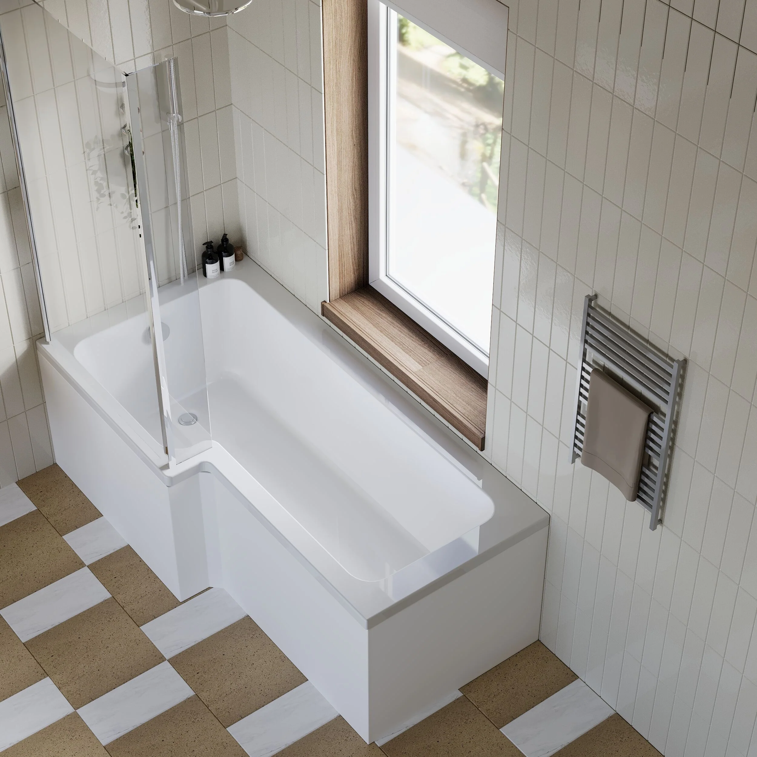 L Shape 1700x850 Shower Bath Set - Front Panel & Chrome Hinged Screen , Left Hand - Image 3