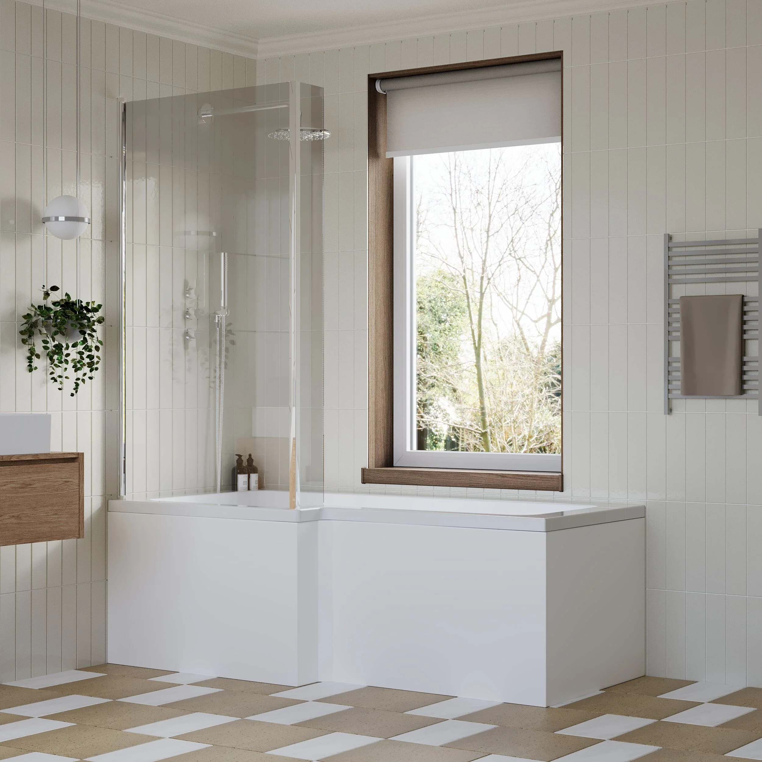 L Shape 1700x850 Shower Bath Set - Front Panel & Chrome Hinged Screen , Left Hand - Image 4