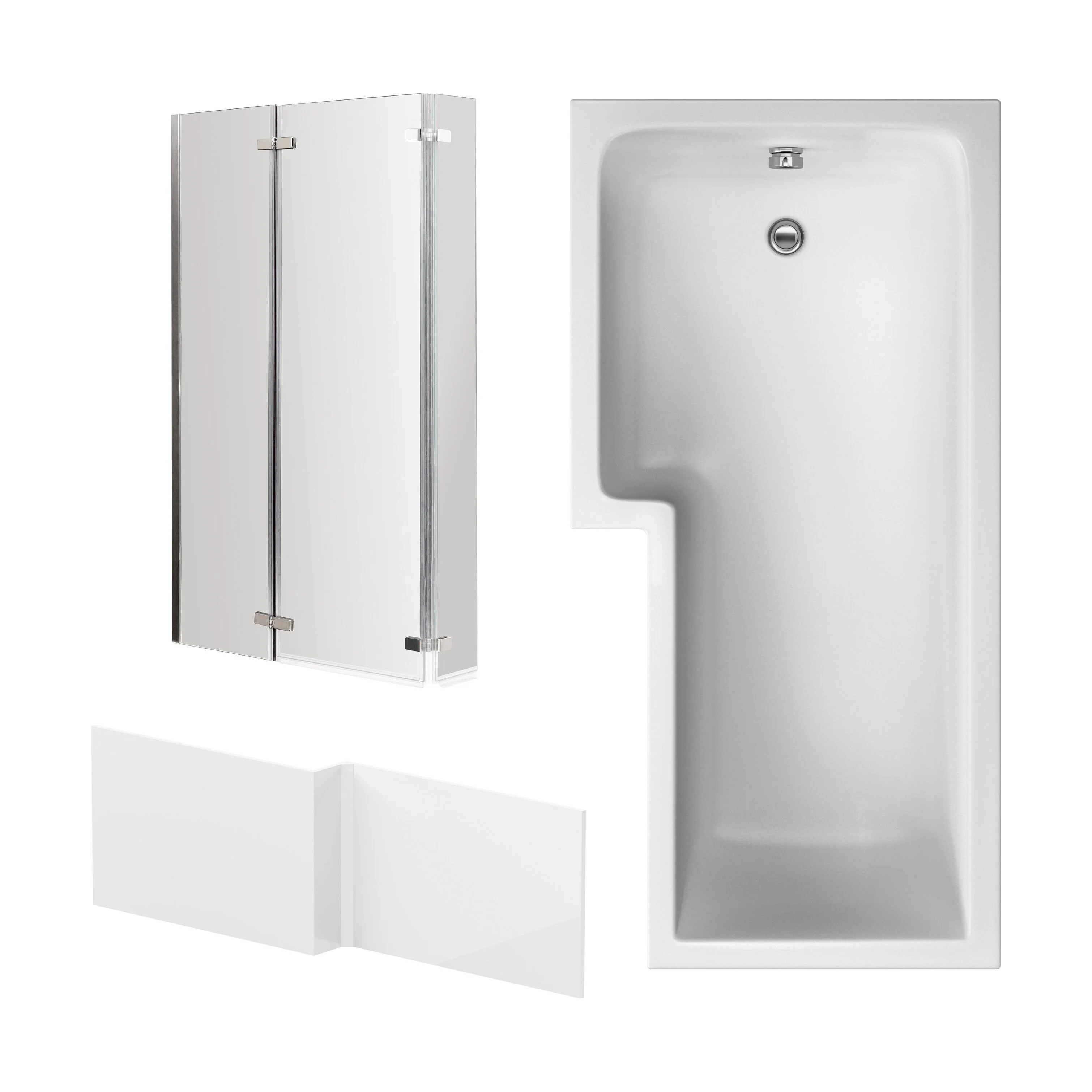 L Shape 1700x850 Shower Bath Set - Front Panel & 3 Panel Chrome Center Hinge Screen, Left Hand
