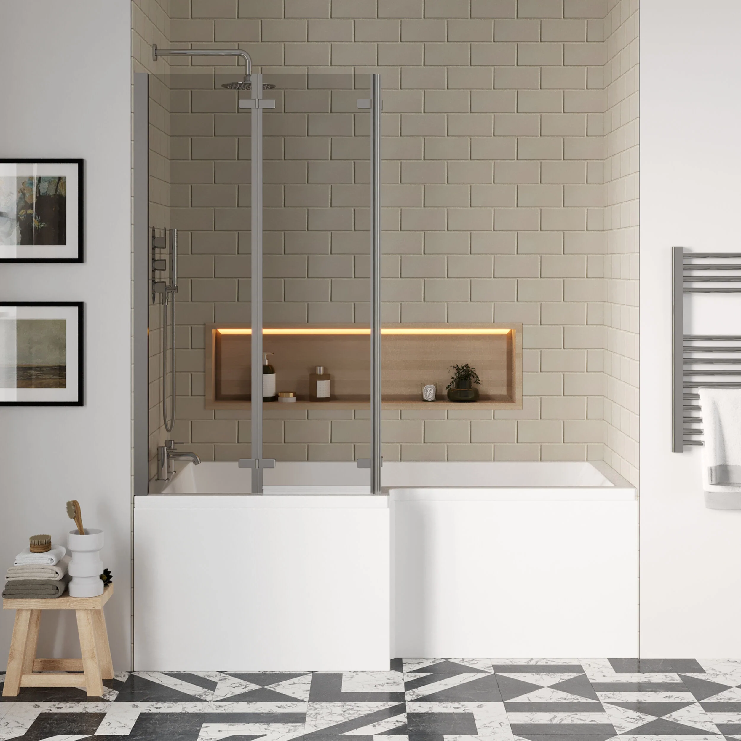 L Shape 1700x850 Shower Bath Set - Front Panel & 3 Panel Chrome Center Hinge Screen, Left Hand - Image 2