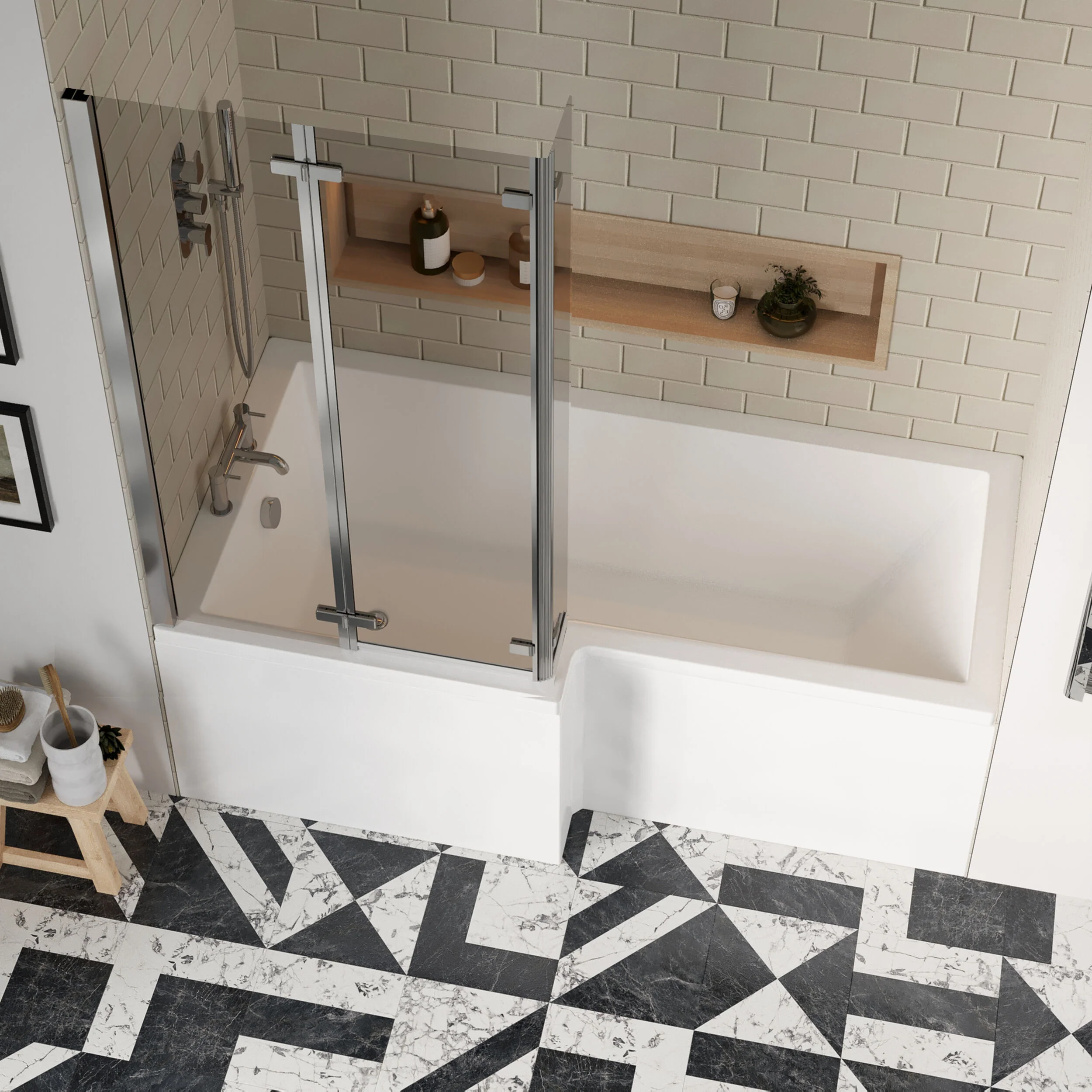 L Shape 1700x850 Shower Bath Set - Front Panel & 3 Panel Chrome Center Hinge Screen, Left Hand - Image 3