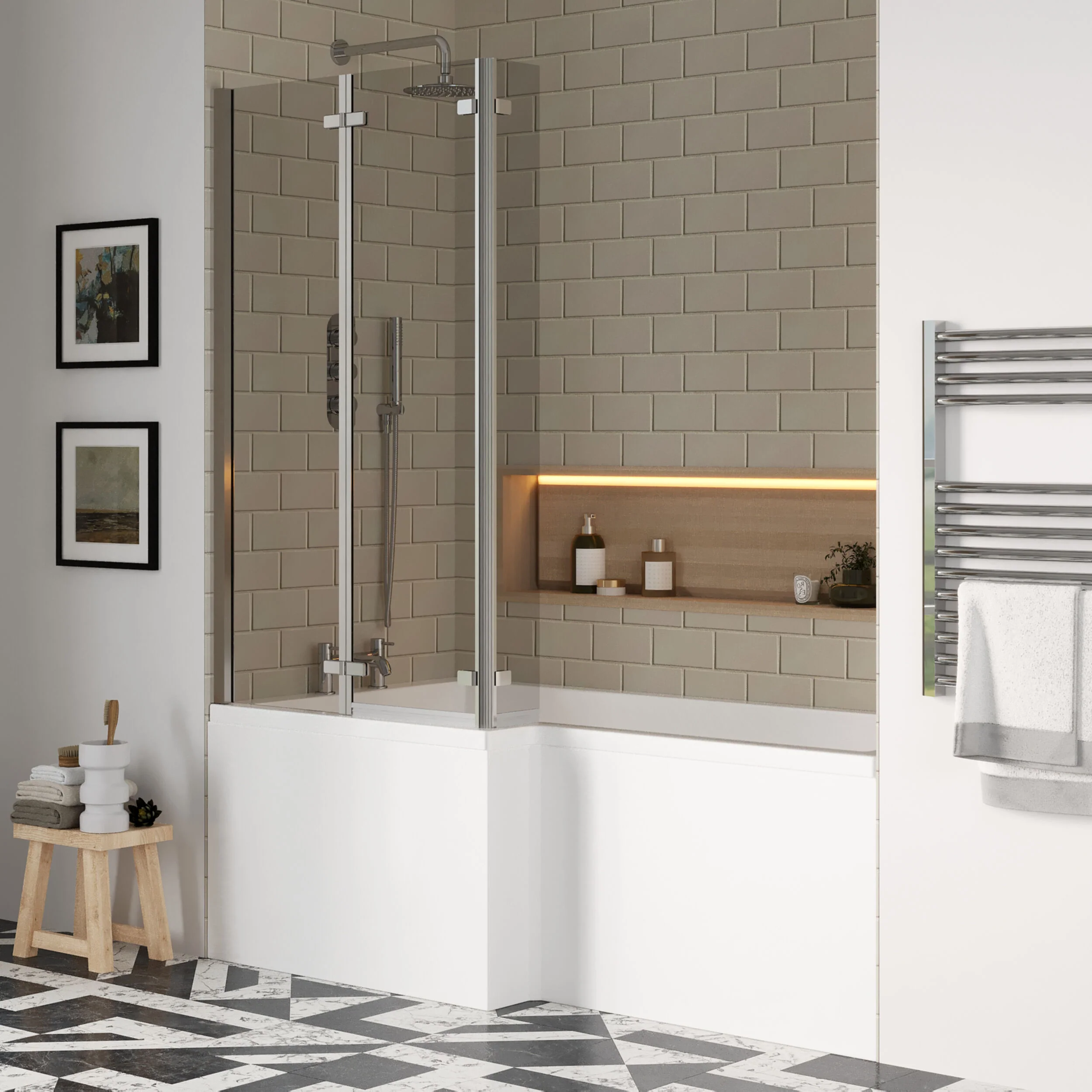 L Shape 1700x850 Shower Bath Set - Front Panel & 3 Panel Chrome Center Hinge Screen, Left Hand - Image 4
