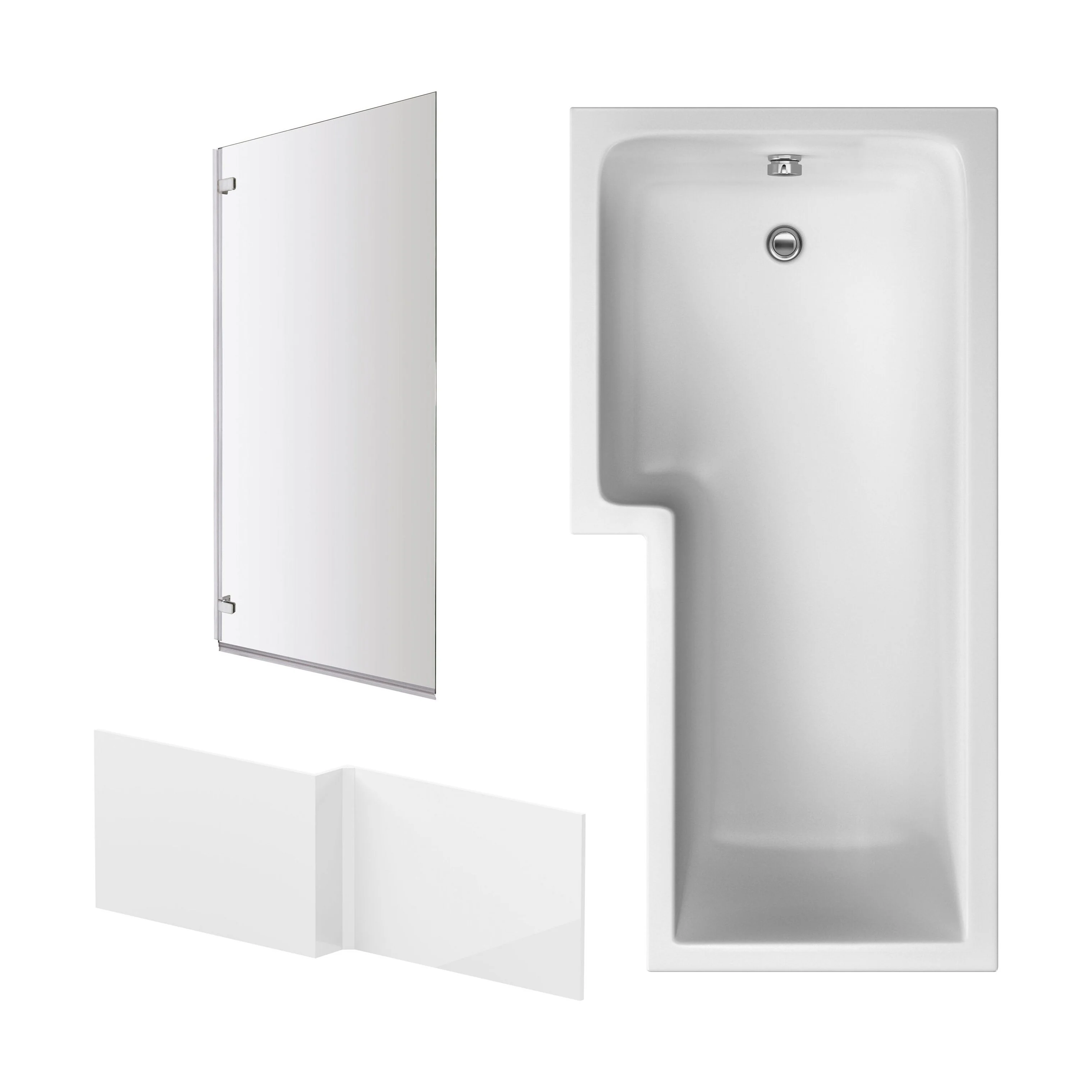 L Shape 1700 x 850mmShower Bath Set - Front Panel & Chrome Square Hinge Screen, Left Hand