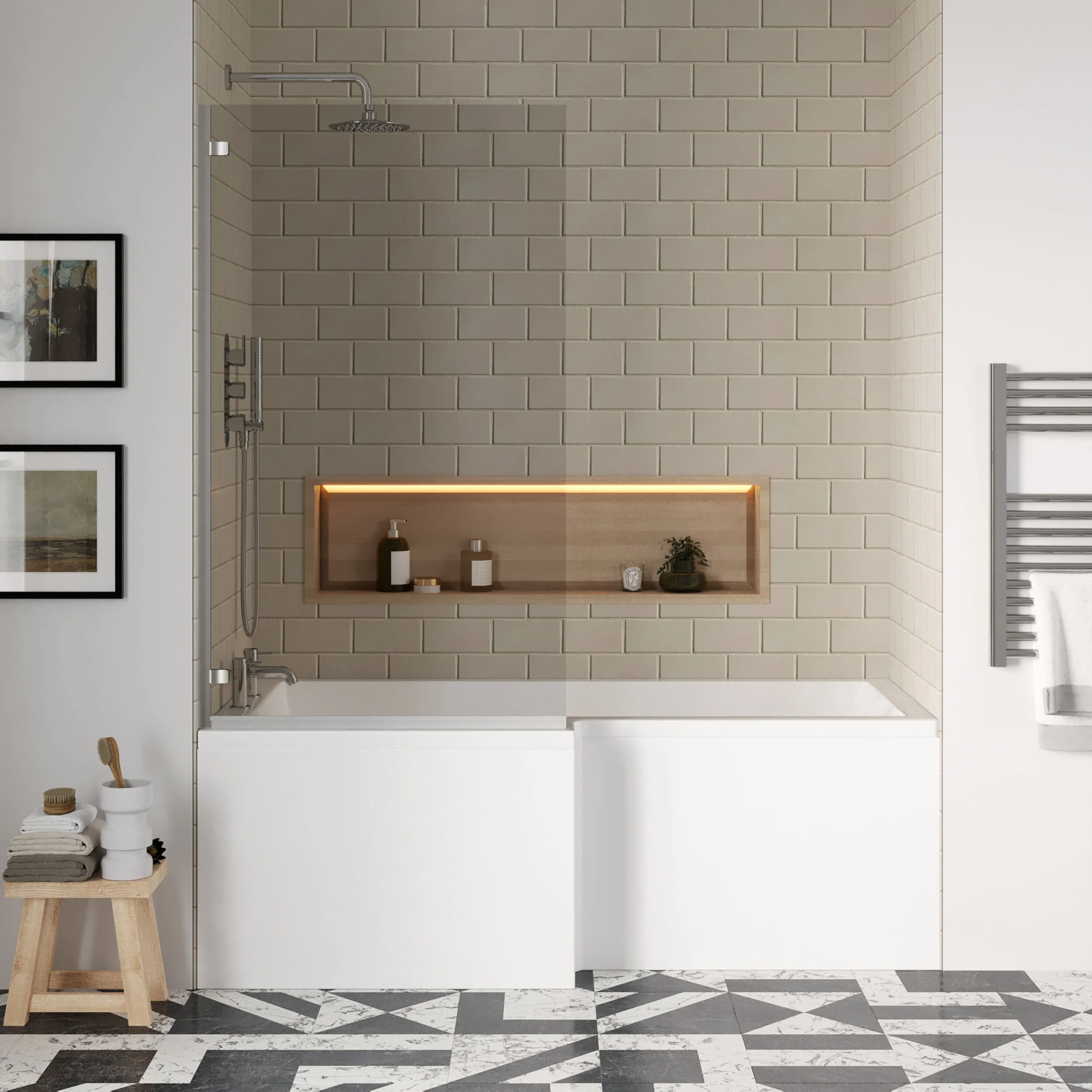 L Shape 1700 x 850mmShower Bath Set - Front Panel & Chrome Square Hinge Screen, Left Hand - Image 2