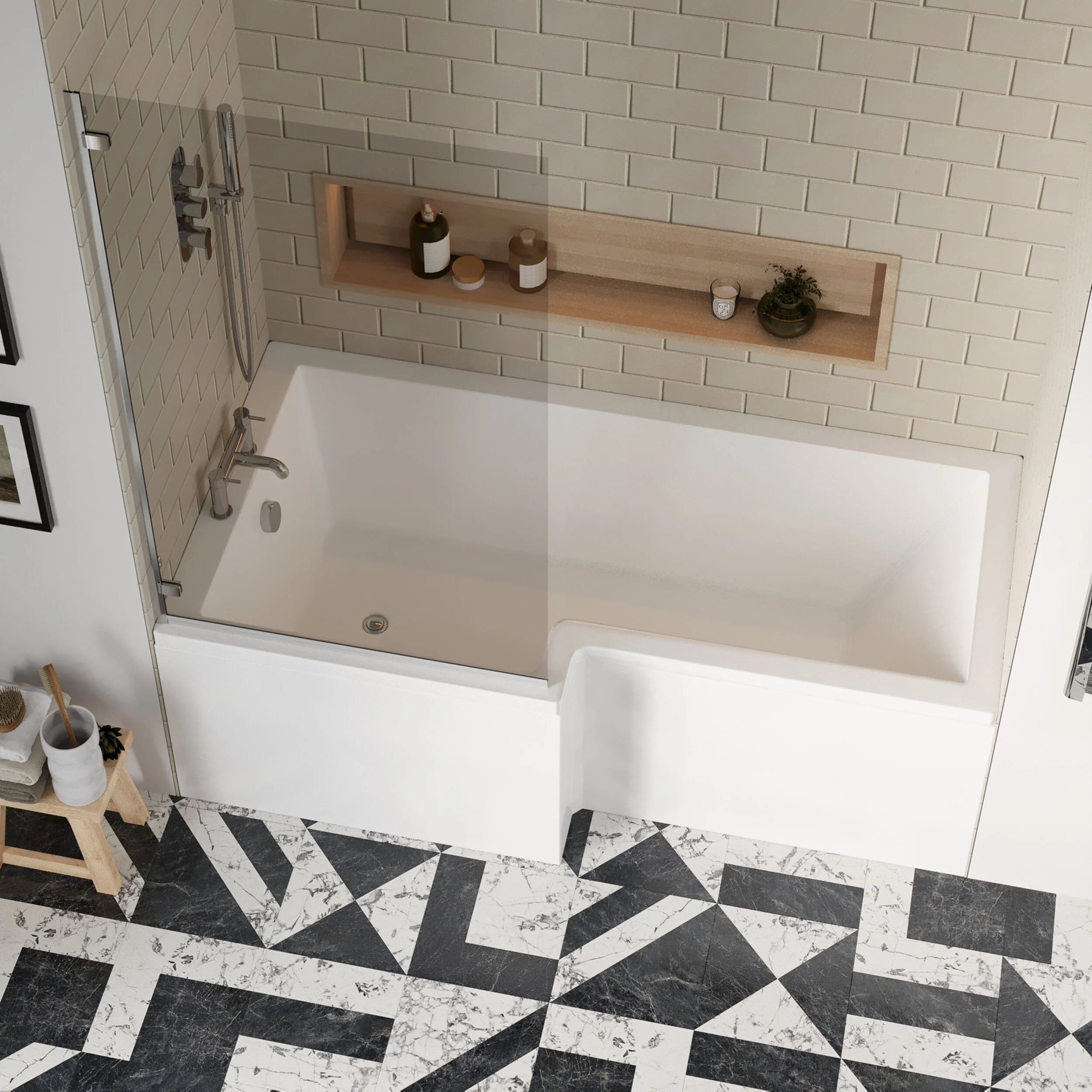 L Shape 1700 x 850mmShower Bath Set - Front Panel & Chrome Square Hinge Screen, Left Hand - Image 3