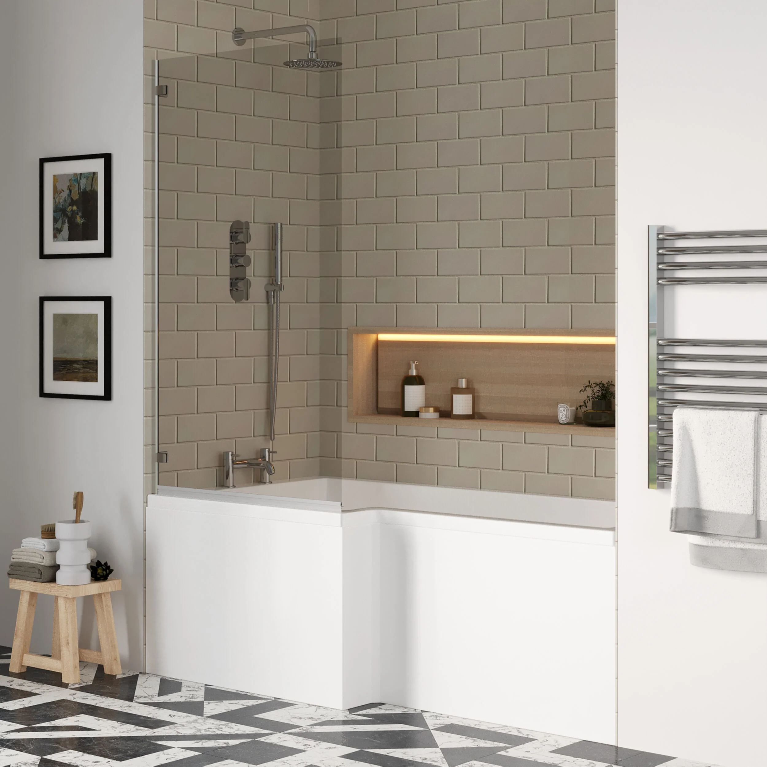 L Shape 1700 x 850mmShower Bath Set - Front Panel & Chrome Square Hinge Screen, Left Hand - Image 4