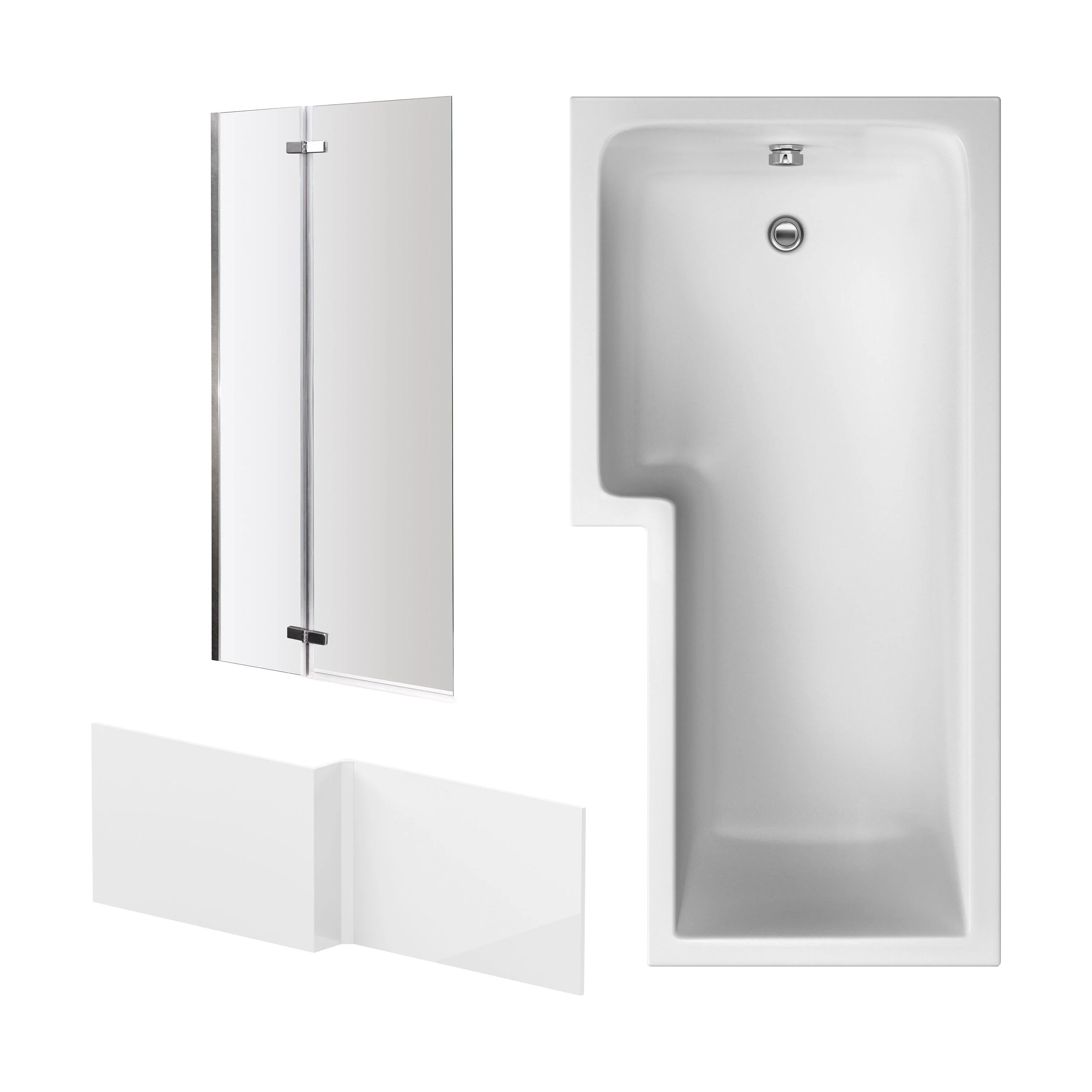 L Shape 1700x850 Shower Bath Set - Front Panel, Satin Chrome Straight Hinged Screen & Leg Set