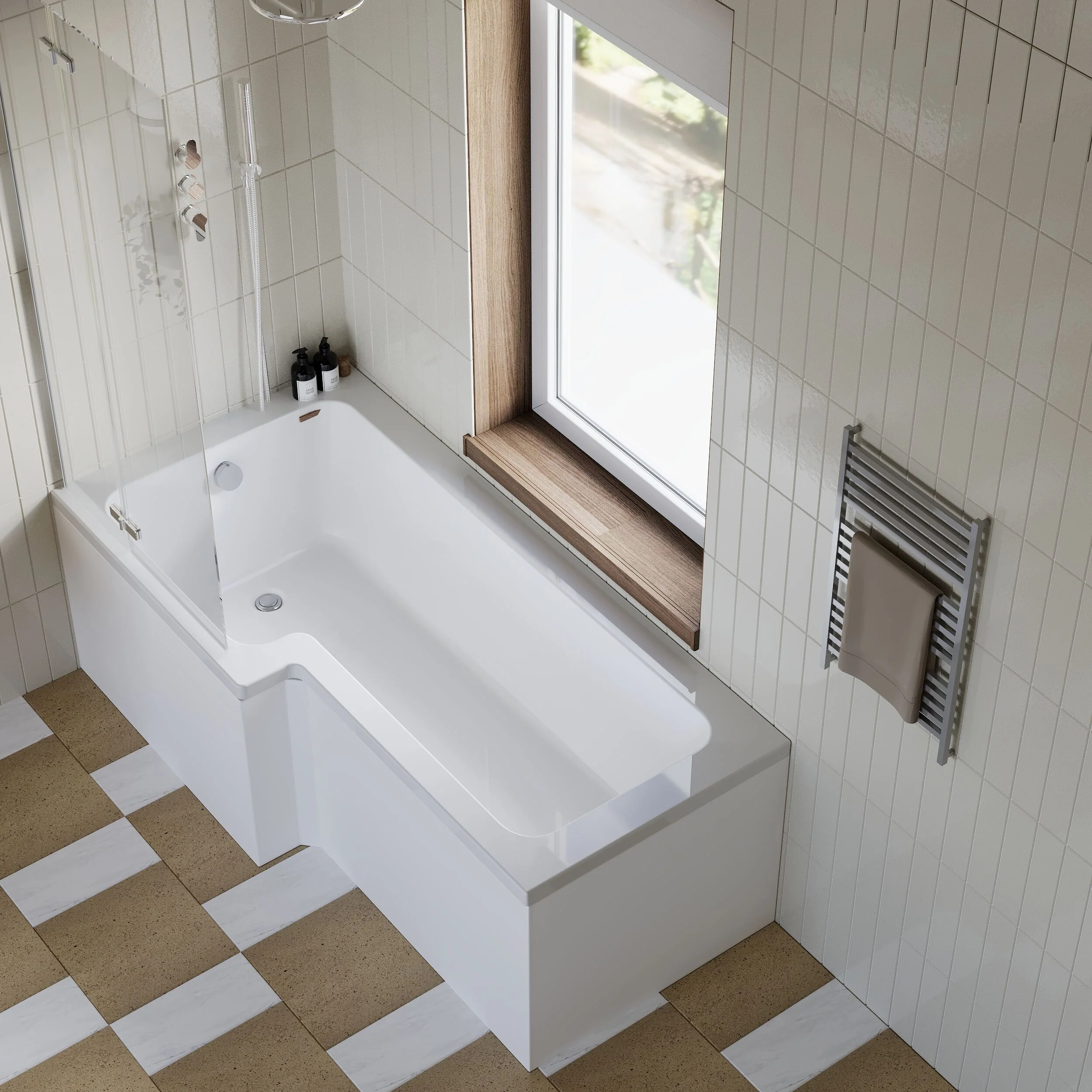 L Shape 1700x850 Shower Bath Set - Front Panel, Satin Chrome Straight Hinged Screen & Leg Set - Image 3