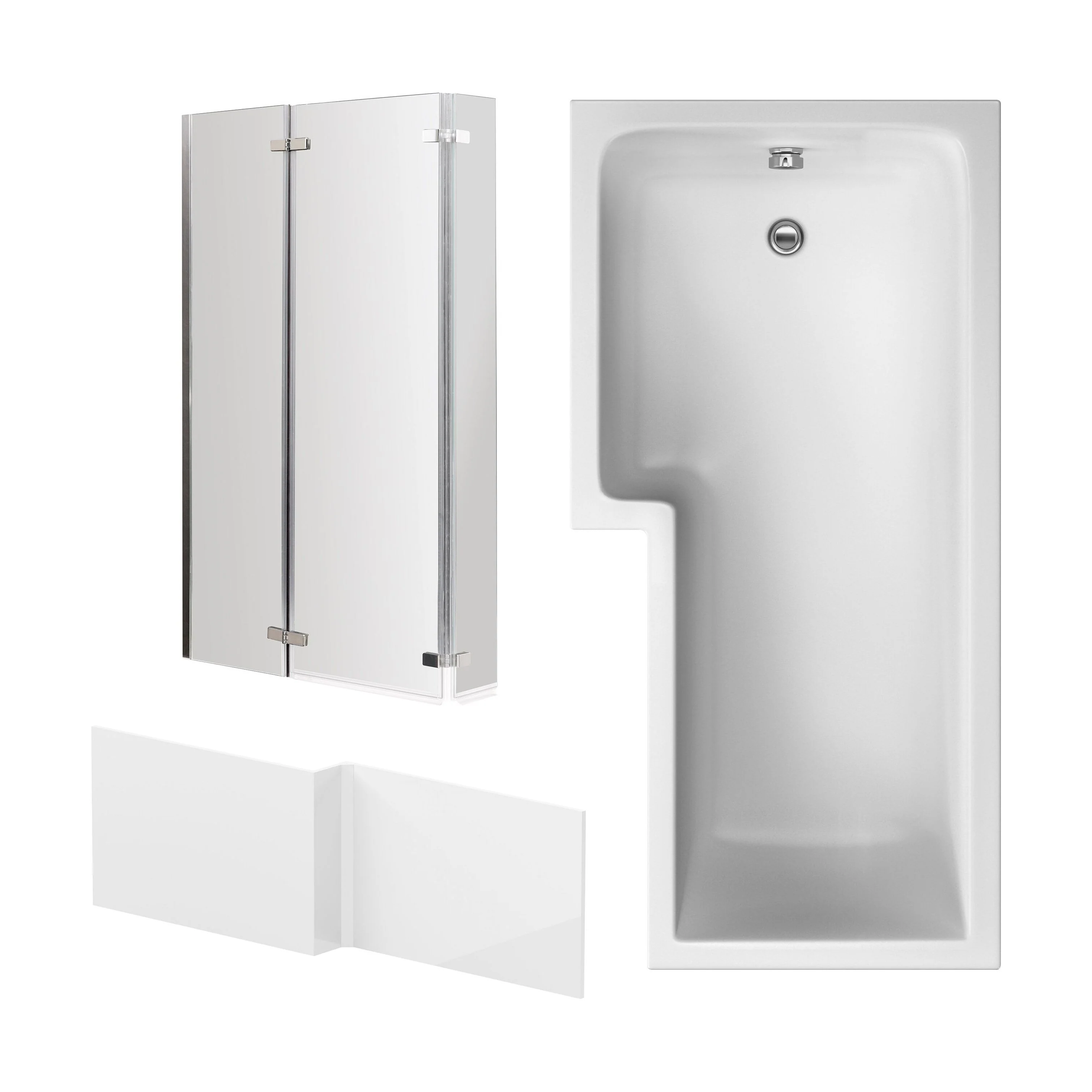 L Shape 1700 x 850mmShower Bath Set - Front Panel & 3 Panel Chrome Center Hinge Screen, Left Hand