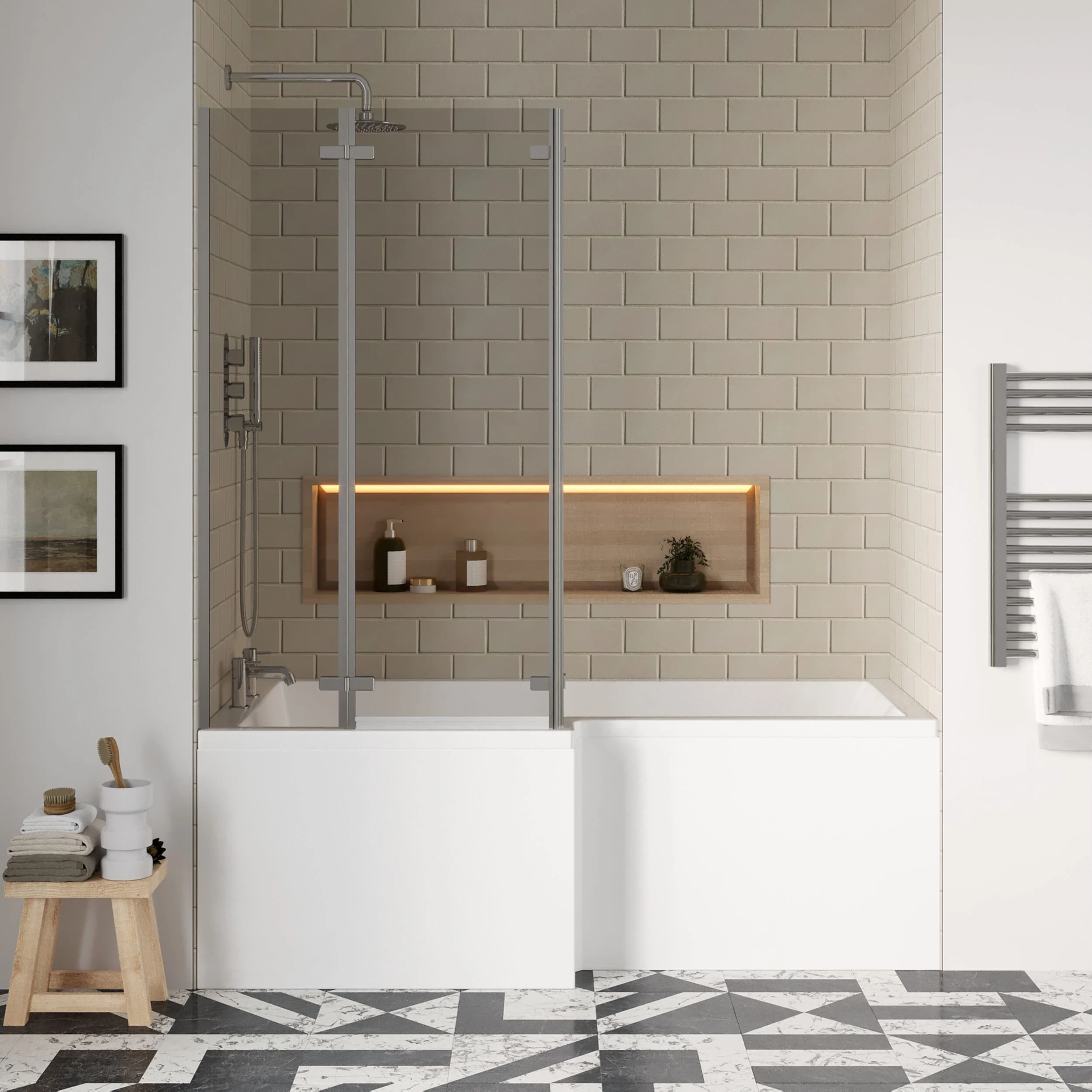 L Shape 1700 x 850mmShower Bath Set - Front Panel & 3 Panel Chrome Center Hinge Screen, Left Hand - Image 2