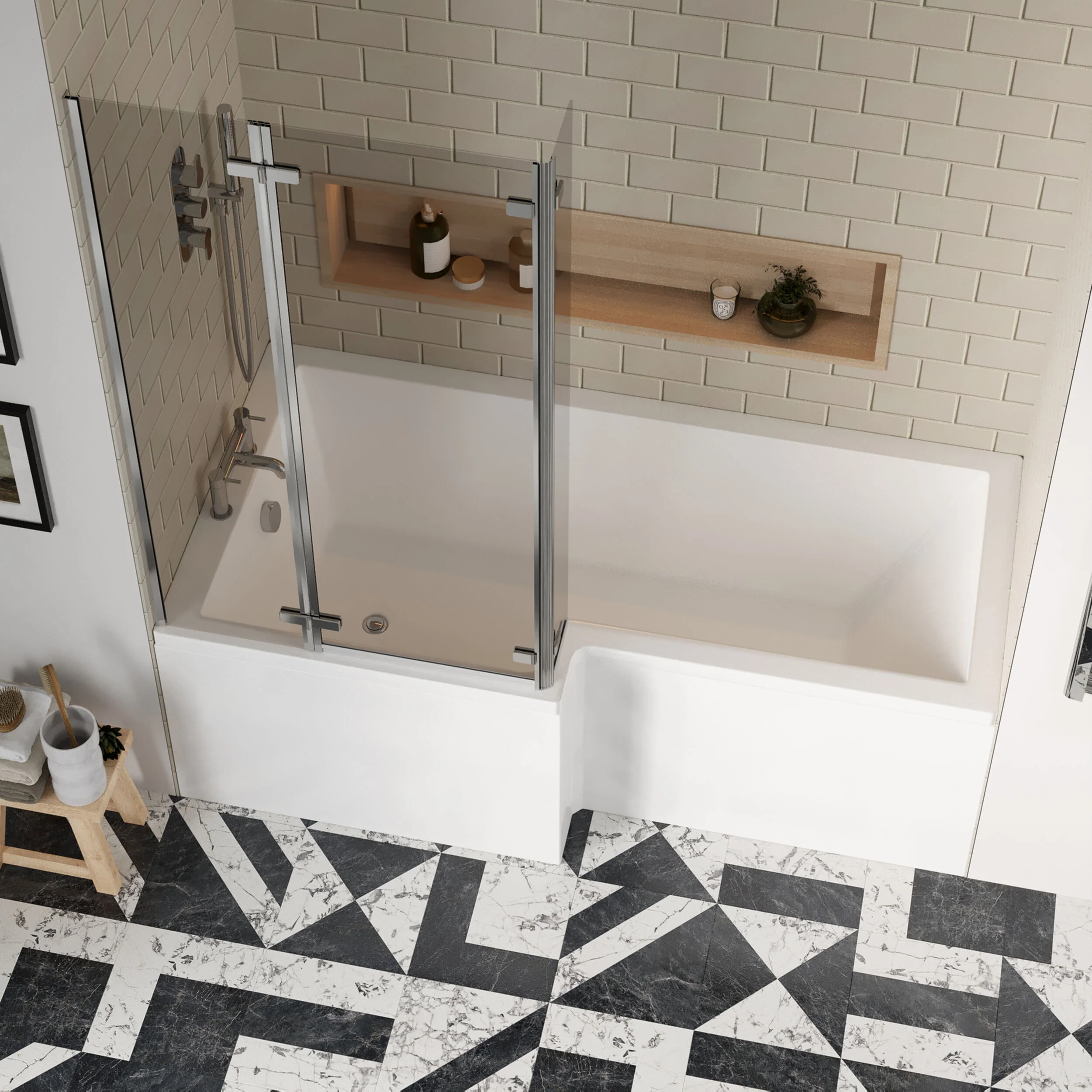 L Shape 1700 x 850mmShower Bath Set - Front Panel & 3 Panel Chrome Center Hinge Screen, Left Hand - Image 3