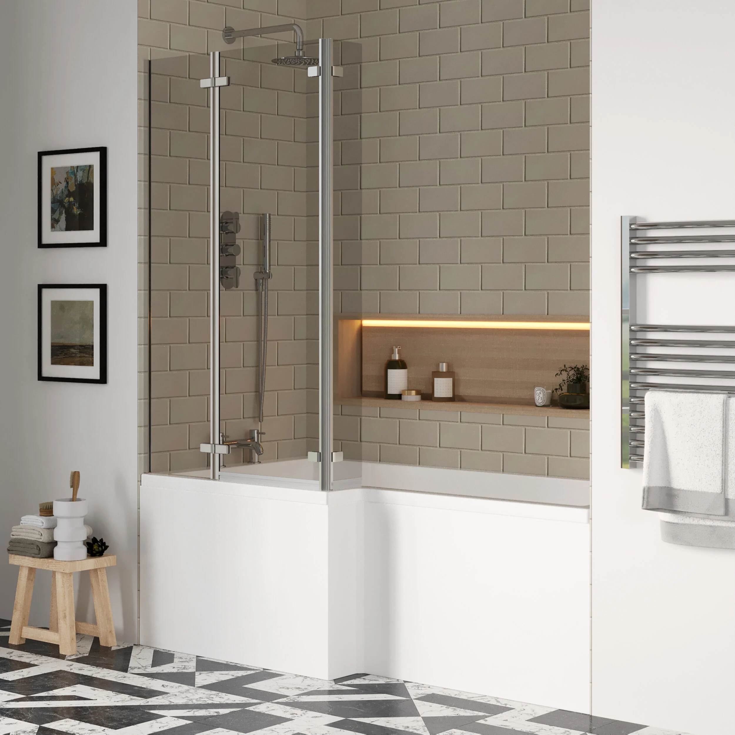 L Shape 1700 x 850mmShower Bath Set - Front Panel & 3 Panel Chrome Center Hinge Screen, Left Hand - Image 4