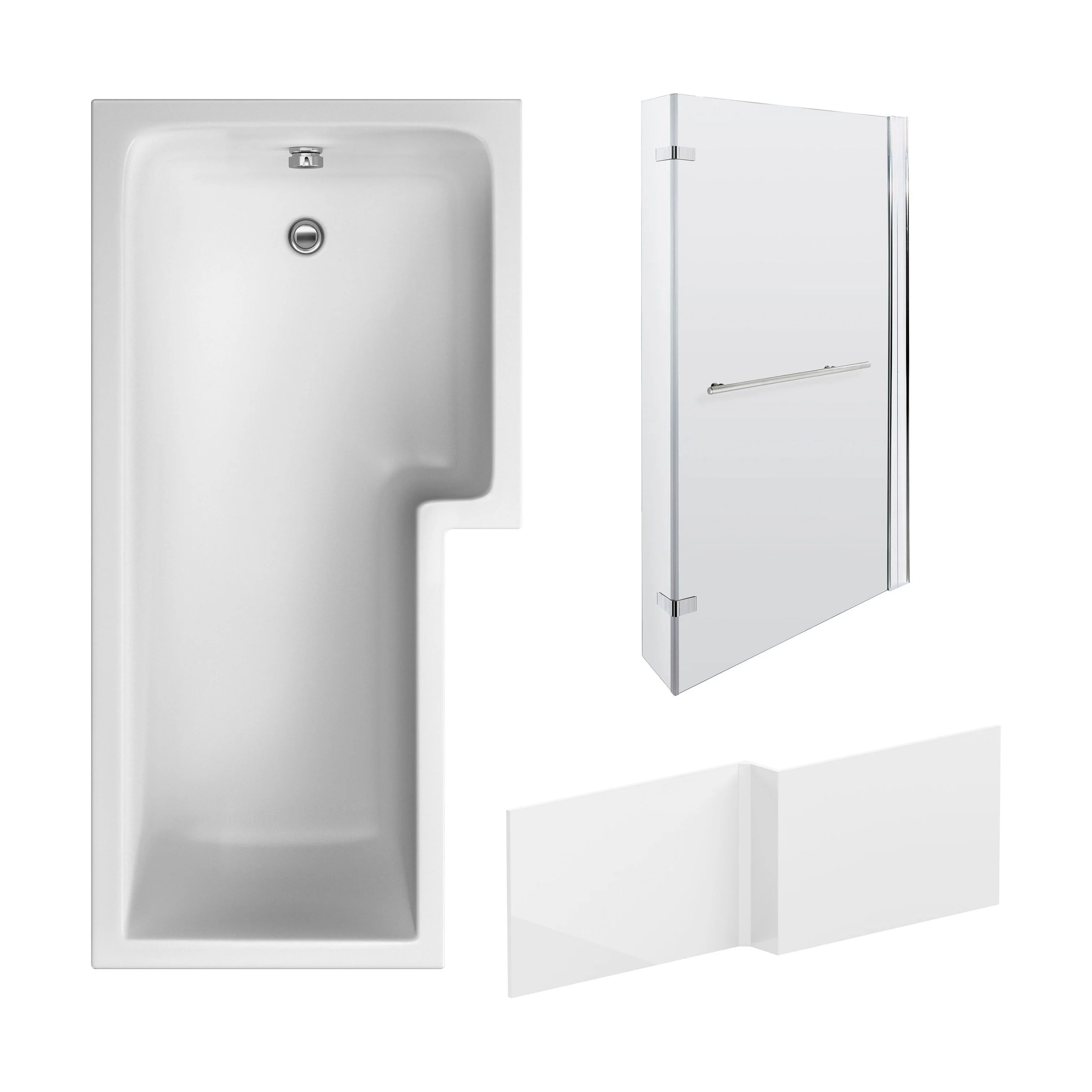 L Shape 1700x850 Shower Bath Set - Front Panel & Chrome Fixed Return Screen with Towel Rail, Right Hand