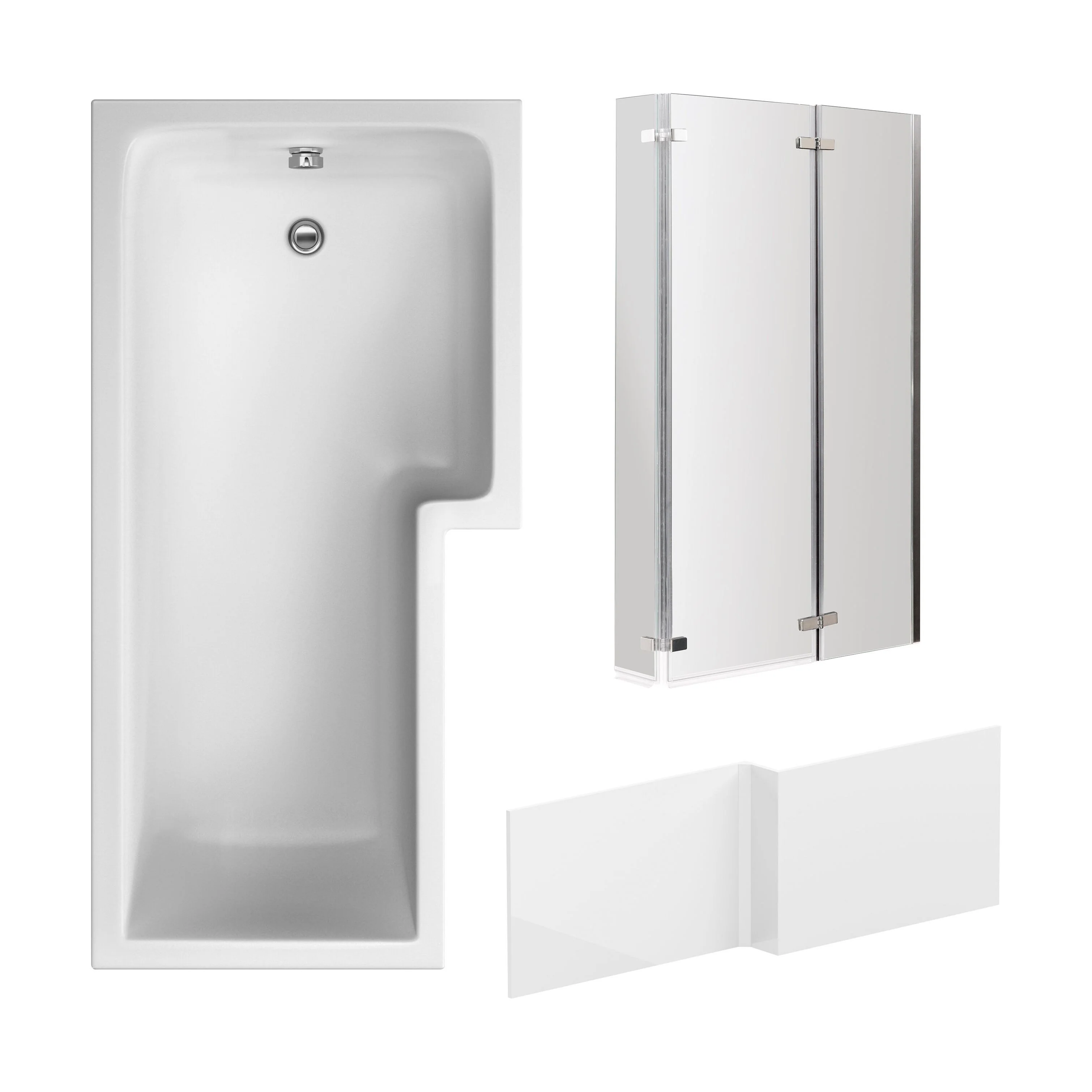 L Shape 1700x850 Shower Bath Set - Front Panel & 3 Panel Chrome Center Hinge Screen