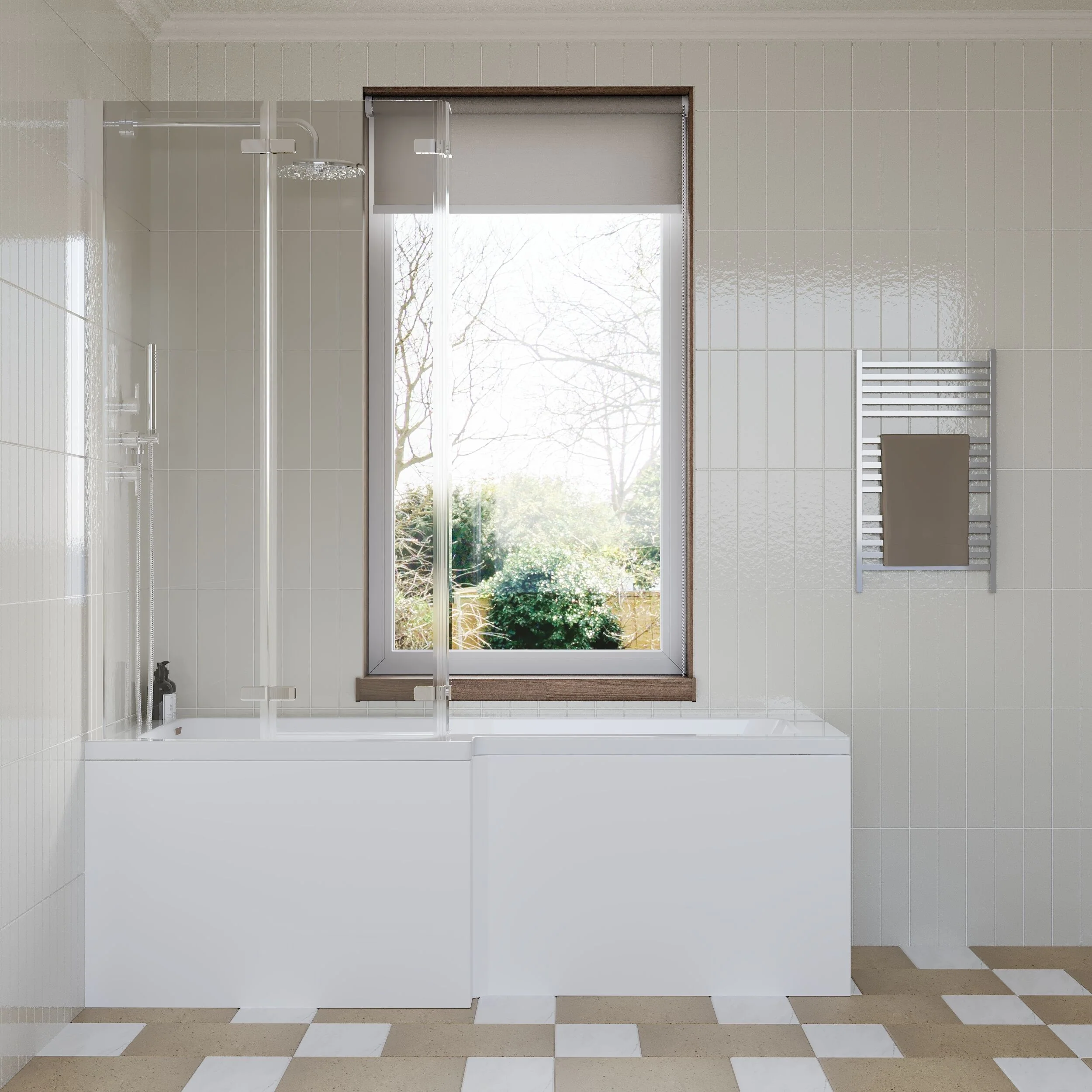 L Shape 1700x850 Shower Bath Set - Front Panel & 3 Panel Chrome Center Hinge Screen - Image 2