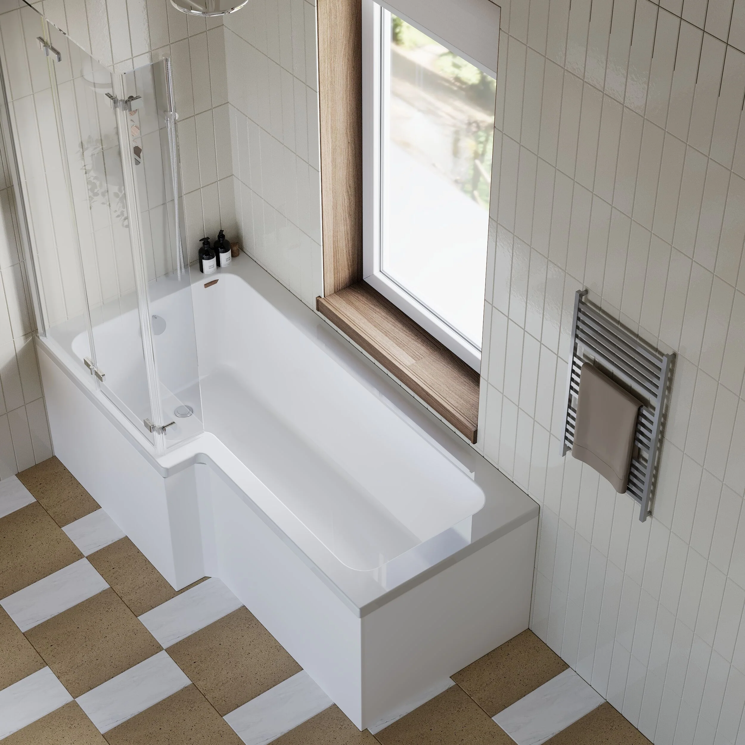 L Shape 1700x850 Shower Bath Set - Front Panel & 3 Panel Chrome Center Hinge Screen - Image 3