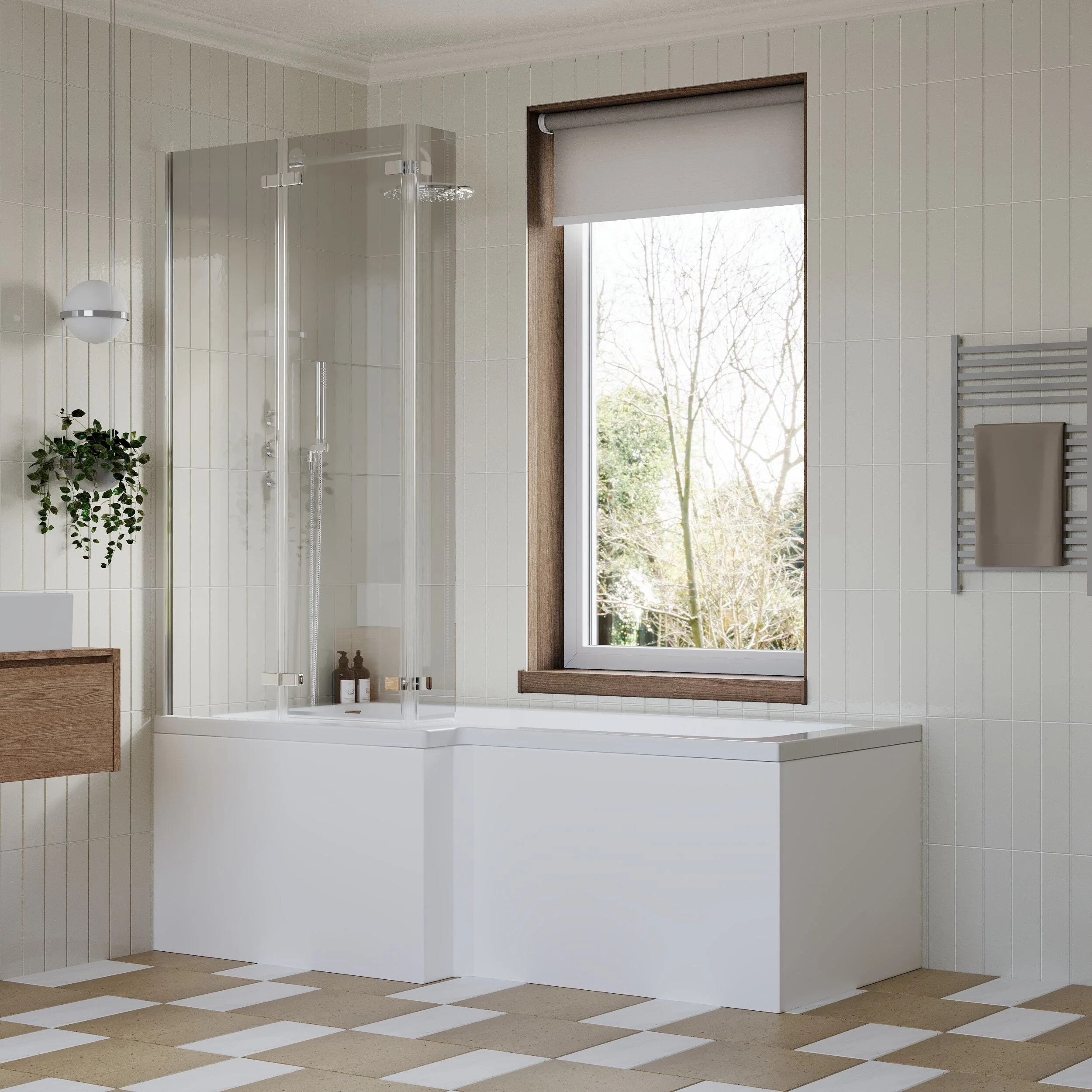 L Shape 1700x850 Shower Bath Set - Front Panel & 3 Panel Chrome Center Hinge Screen - Image 4