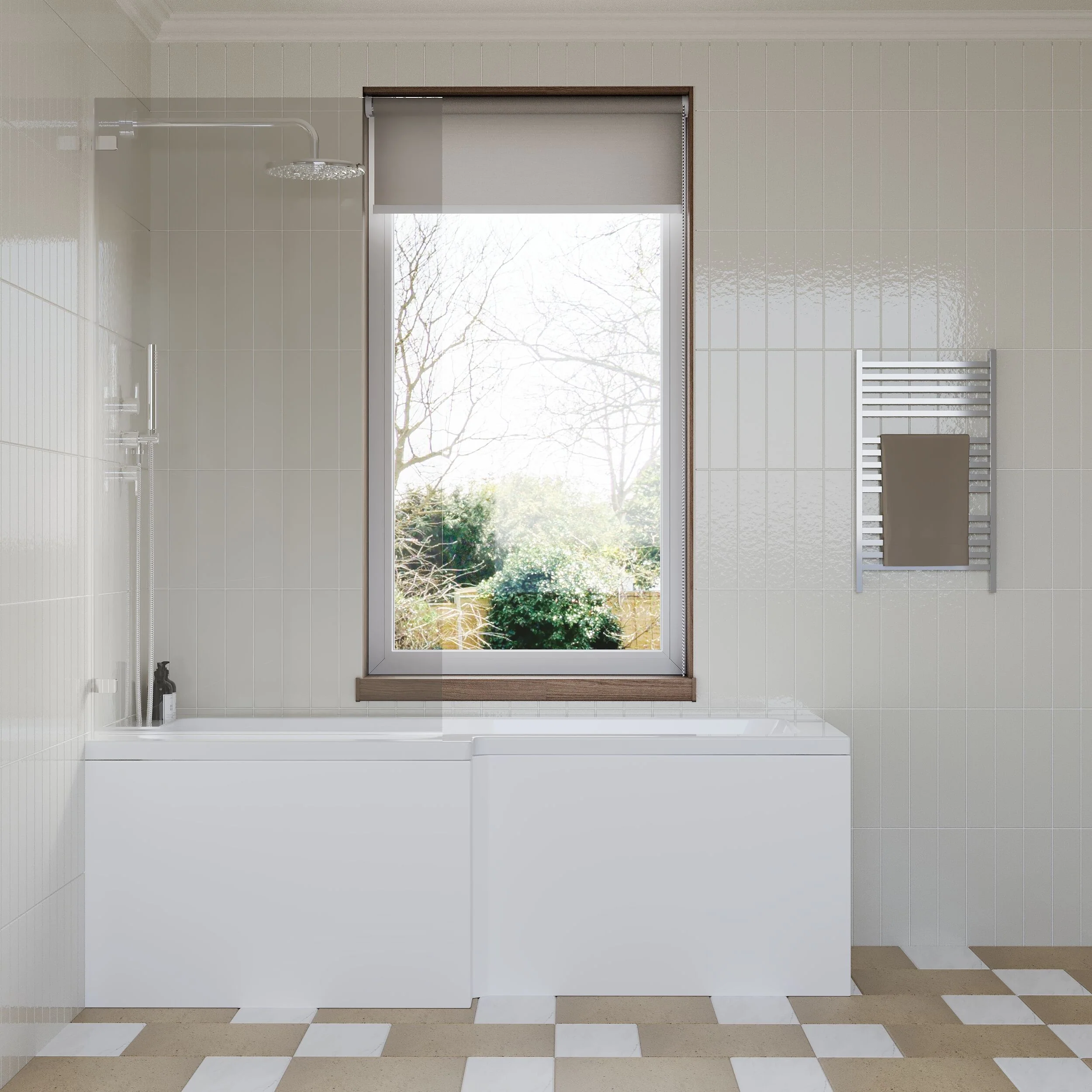 L Shape 1700x850 Shower Bath Set - Front Panel & Chrome Square Hinge Screen, Right Hand - Image 2