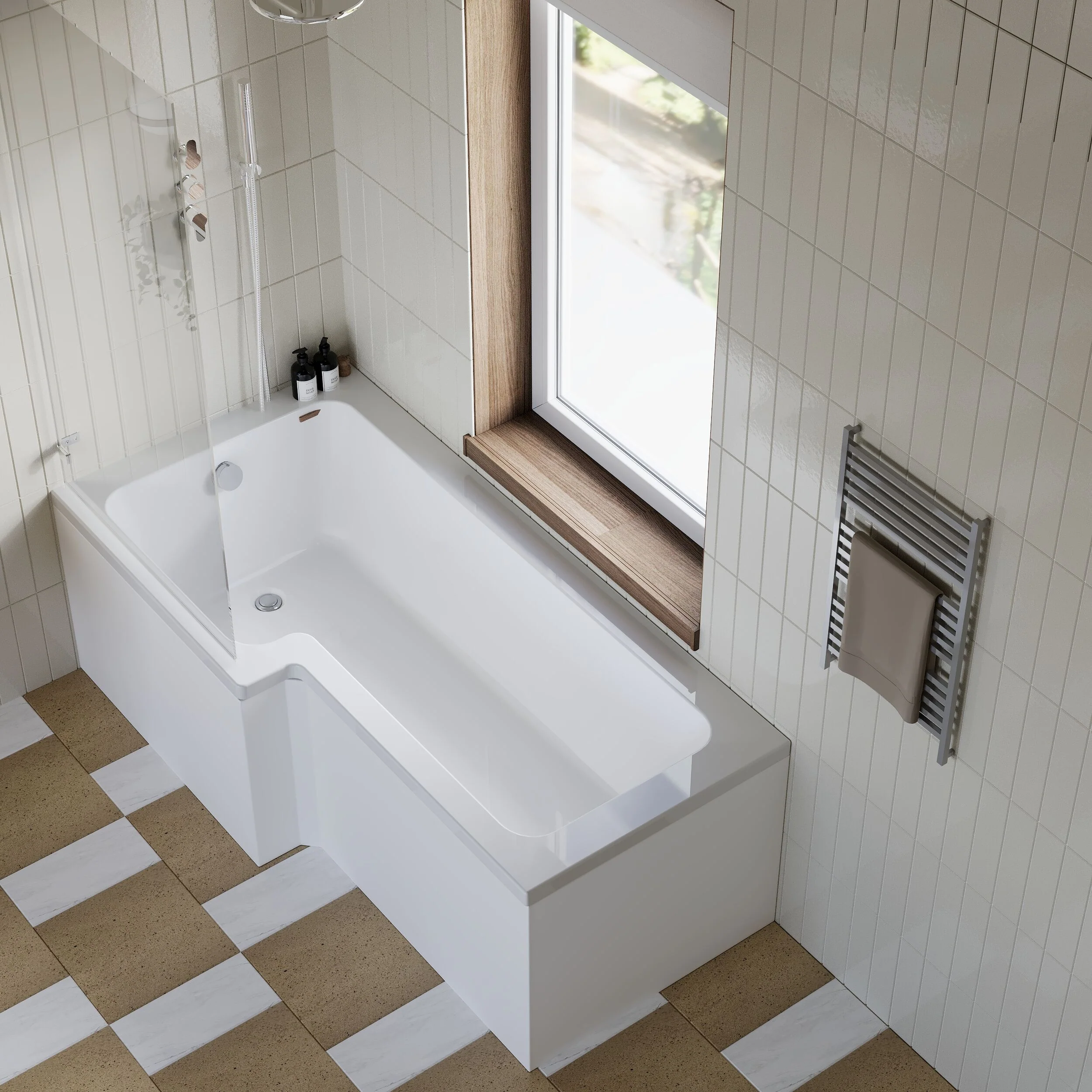 L Shape 1700x850 Shower Bath Set - Front Panel & Chrome Square Hinge Screen, Right Hand - Image 3