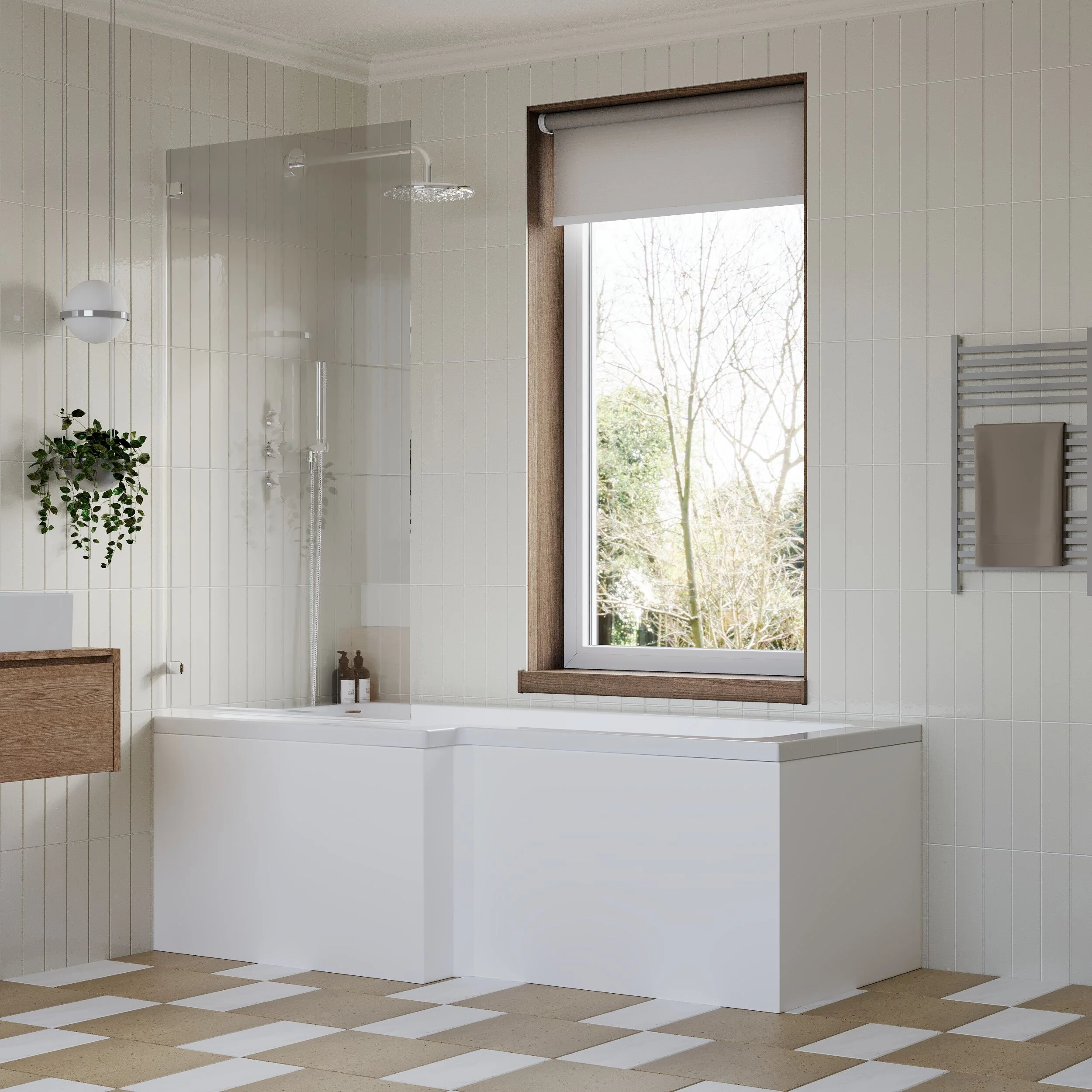 L Shape 1700x850 Shower Bath Set - Front Panel & Chrome Square Hinge Screen, Right Hand - Image 4