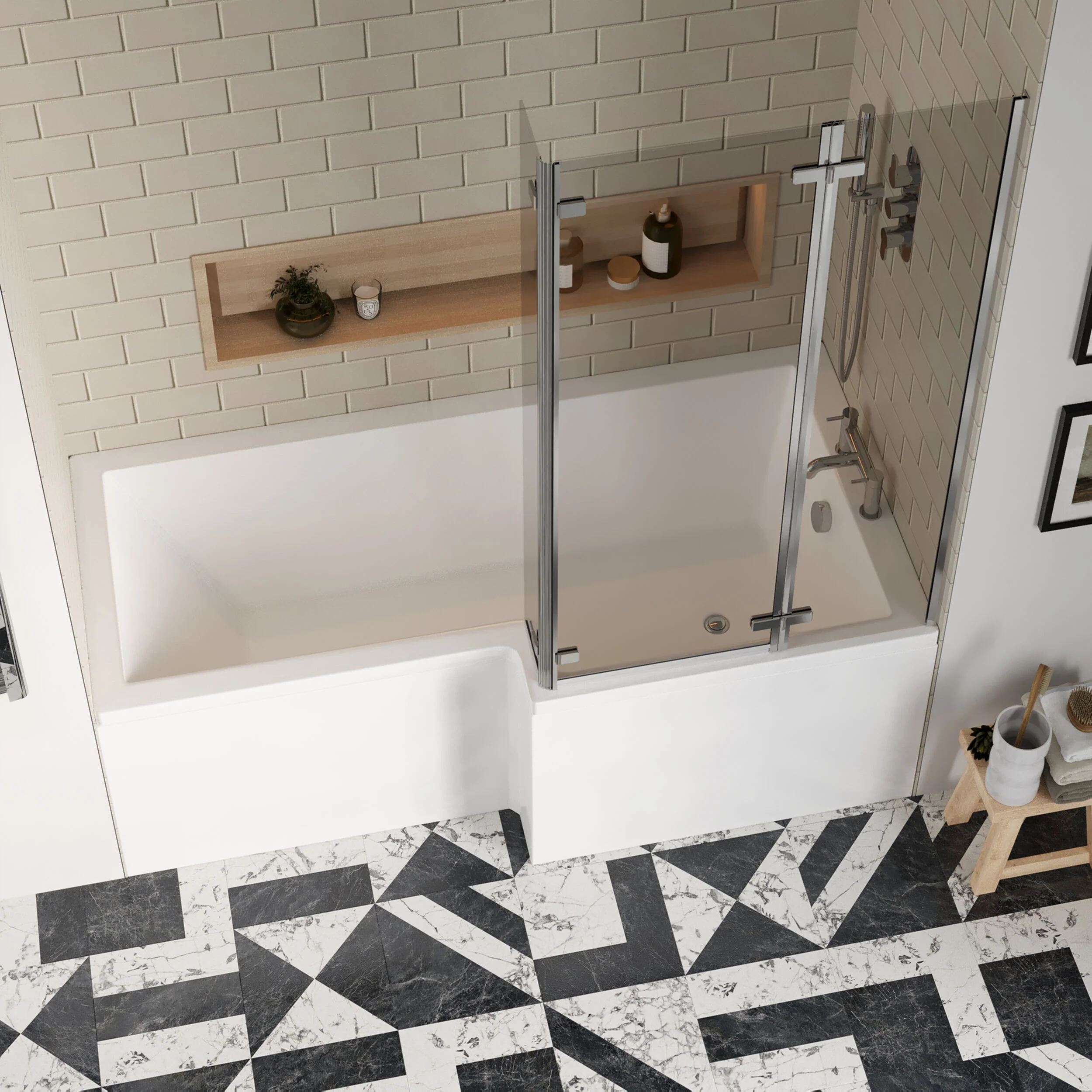 L Shape 1700x850 Shower Bath Set - Front Panel & Chrome 3 Panel Center Hinge Screen, Right Hand - Image 3