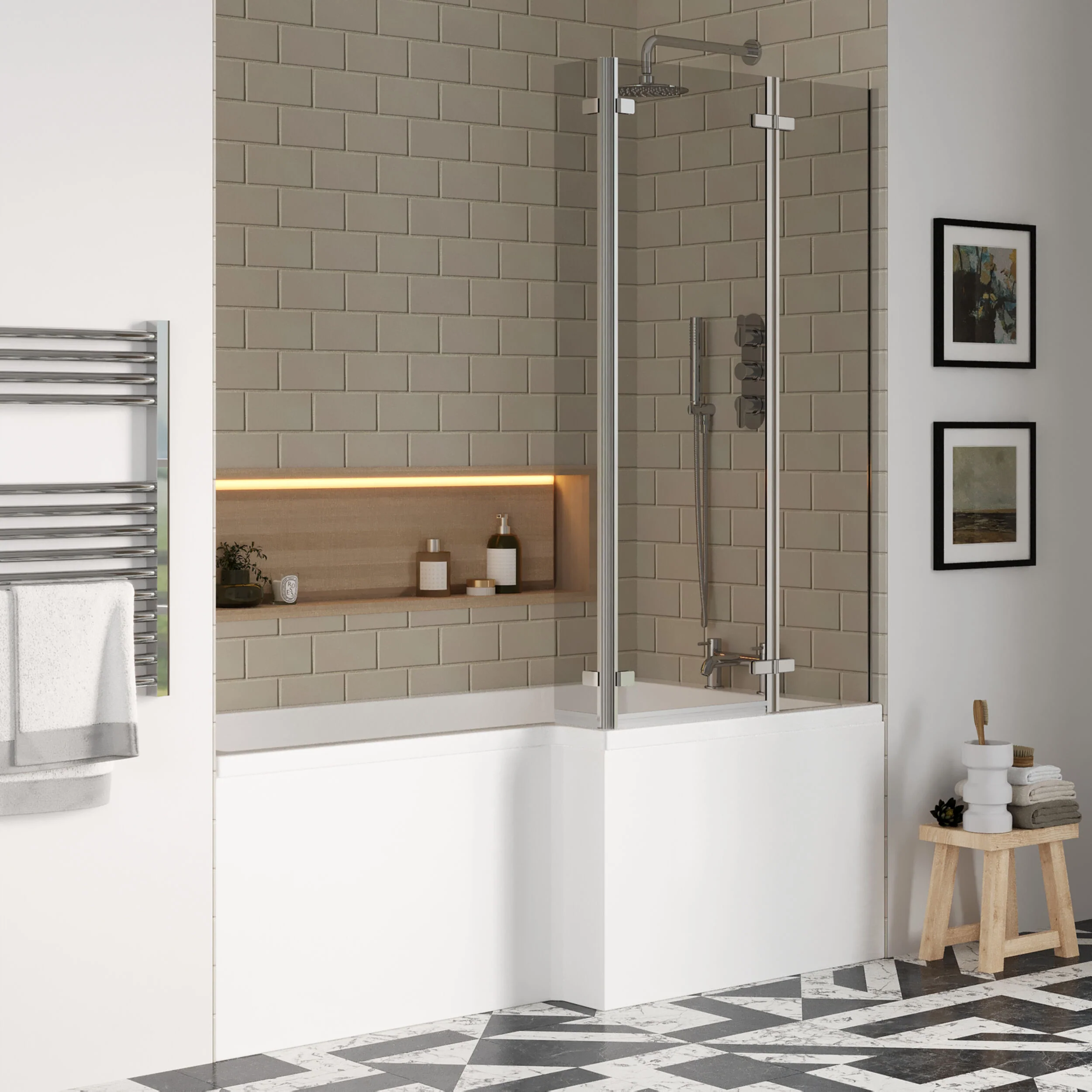 L Shape 1700x850 Shower Bath Set - Front Panel & Chrome 3 Panel Center Hinge Screen, Right Hand - Image 4
