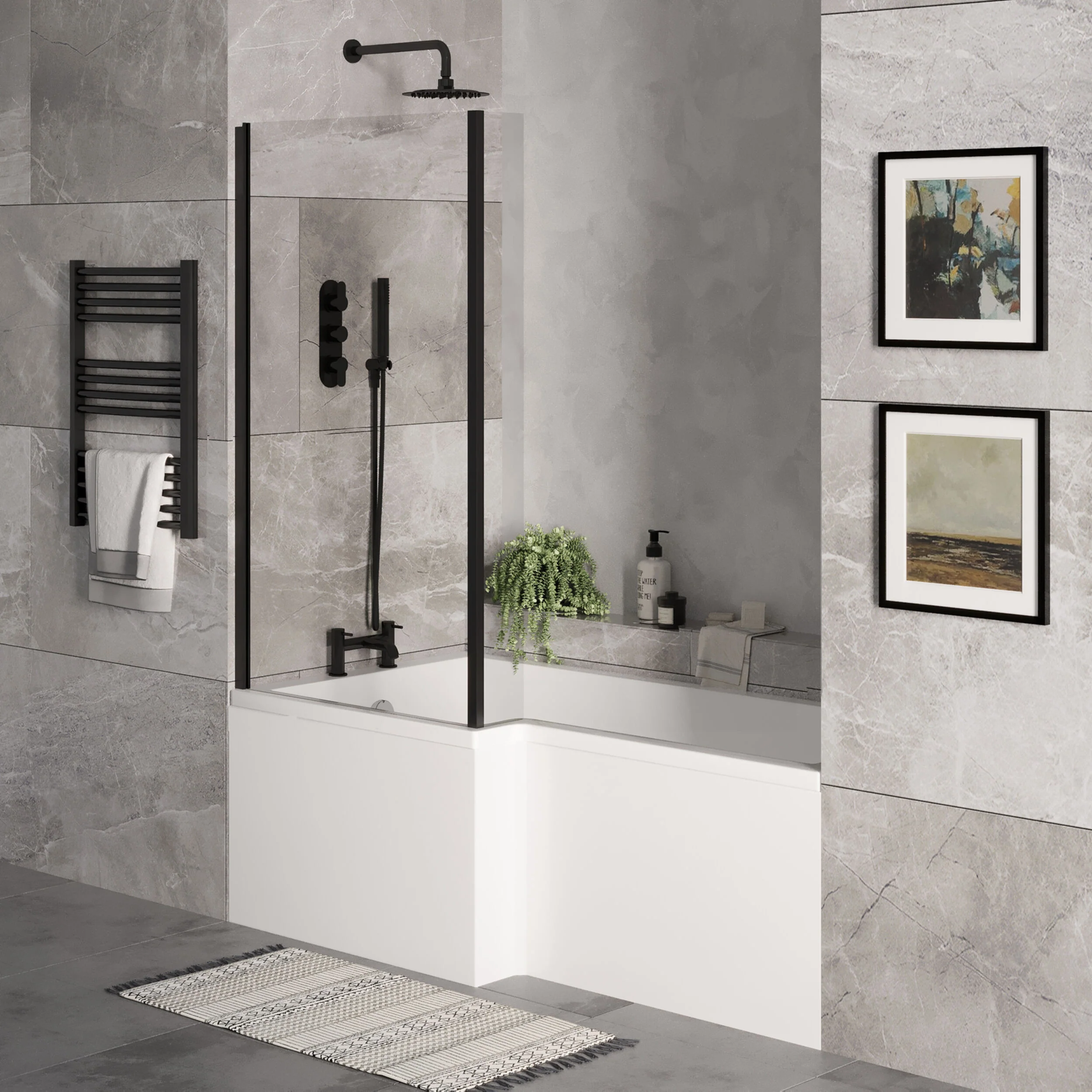 L Shape 1700x850 Shower Bath Set - Front Panel & Black Fixed Return Screen, Left Hand - Image 4