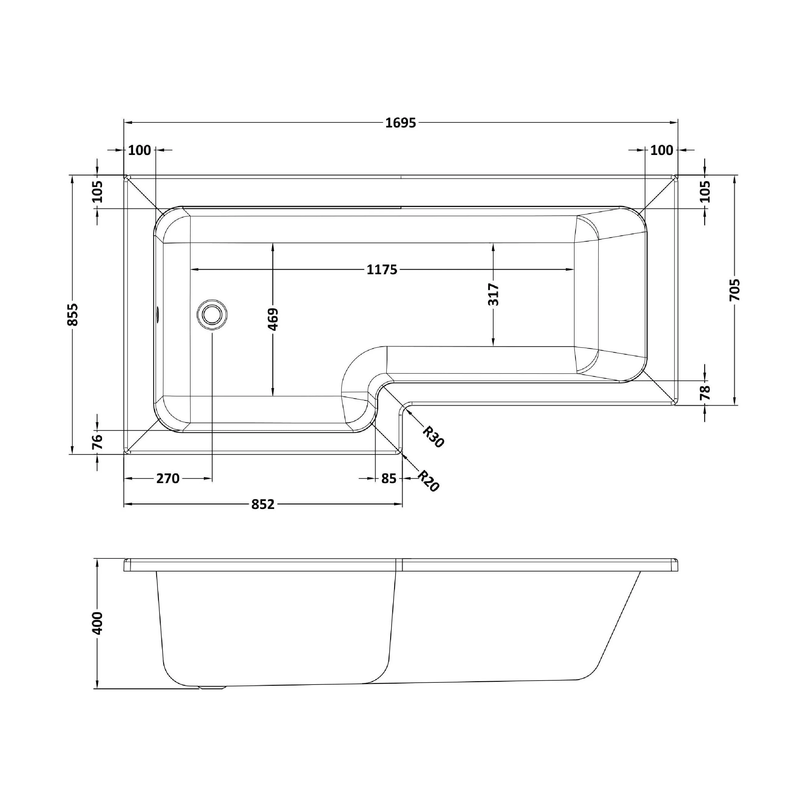 L Shape 1700x850 Shower Bath Set - Front Panel & Black Fixed Return Screen, Left Hand - Image 5