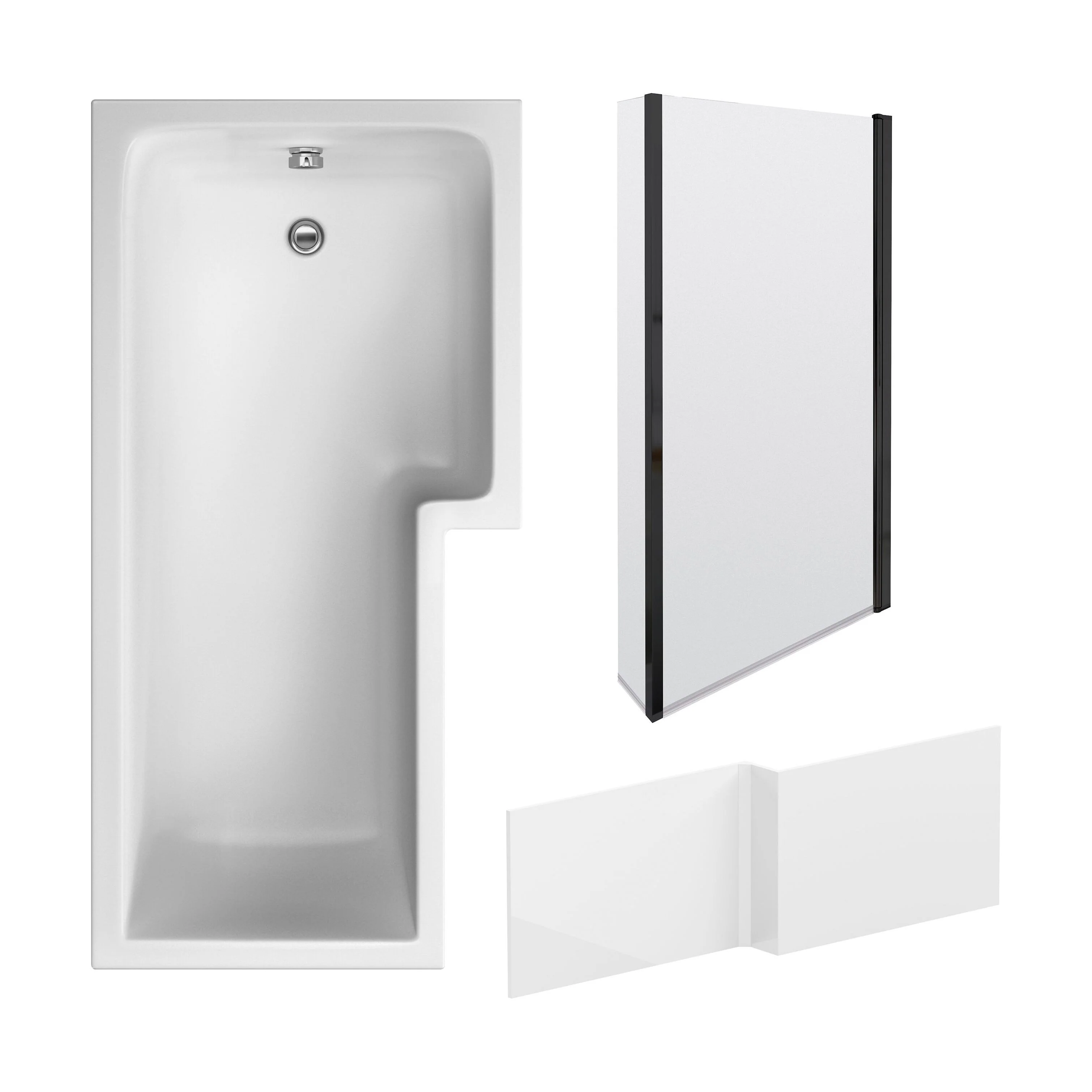 L Shape 1700x850 Shower Bath Set - Front Panel & Black Fixed Return Screen, Right Hand