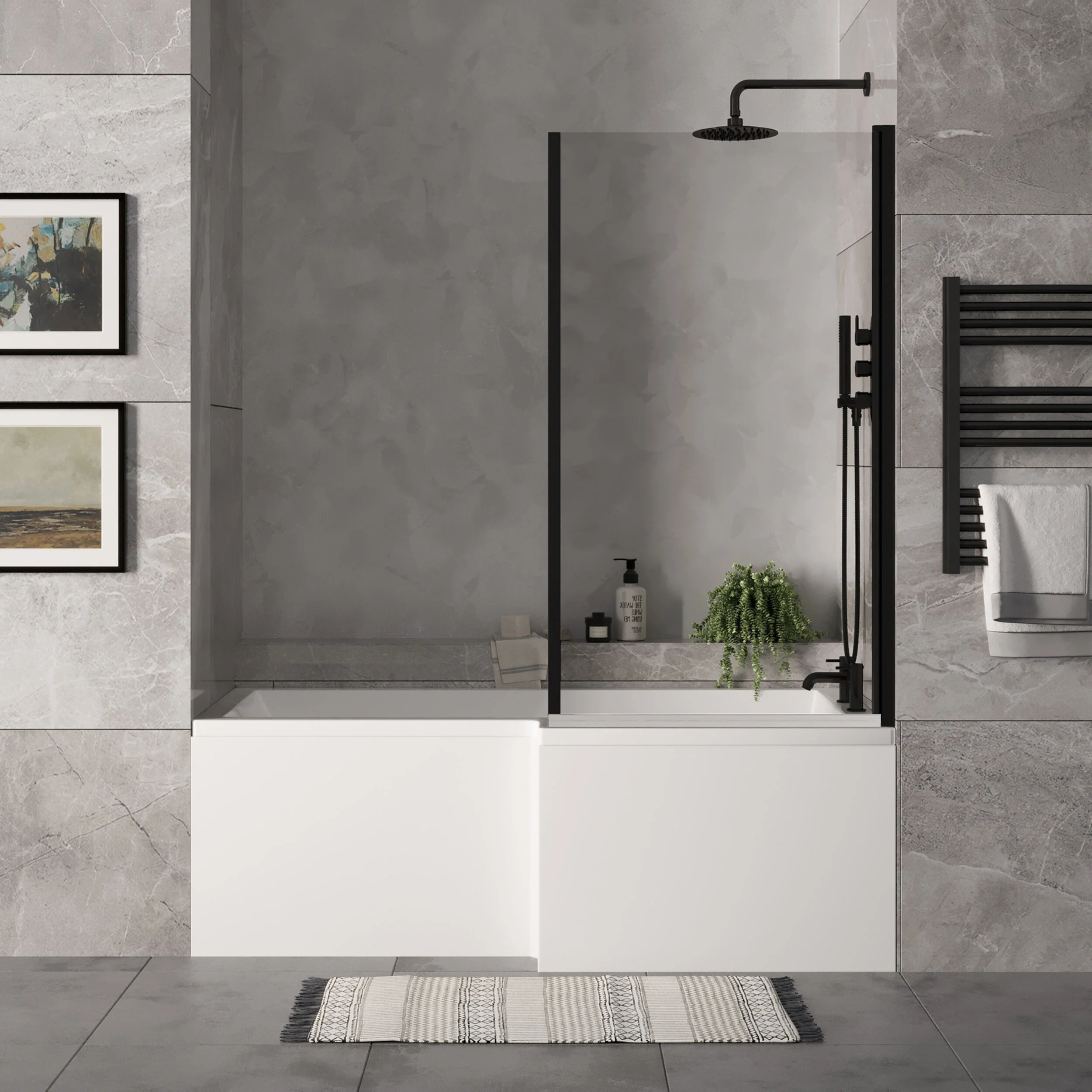 L Shape 1700x850 Shower Bath Set - Front Panel & Black Fixed Return Screen, Right Hand - Image 2