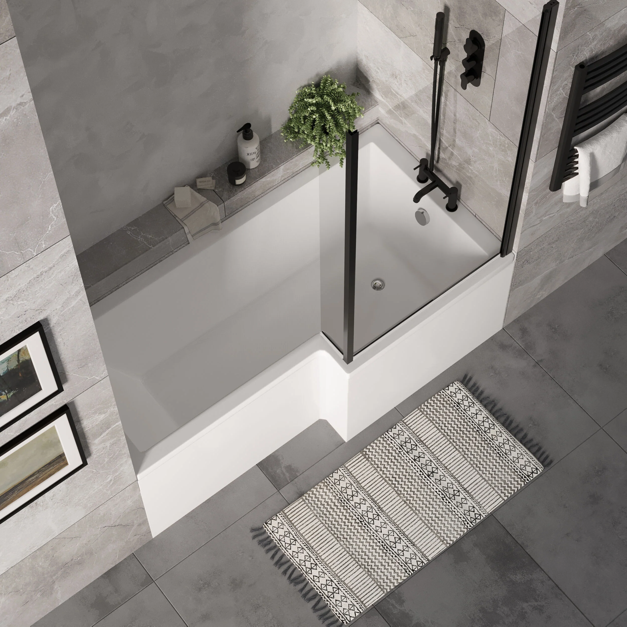 L Shape 1700x850 Shower Bath Set - Front Panel & Black Fixed Return Screen, Right Hand - Image 3