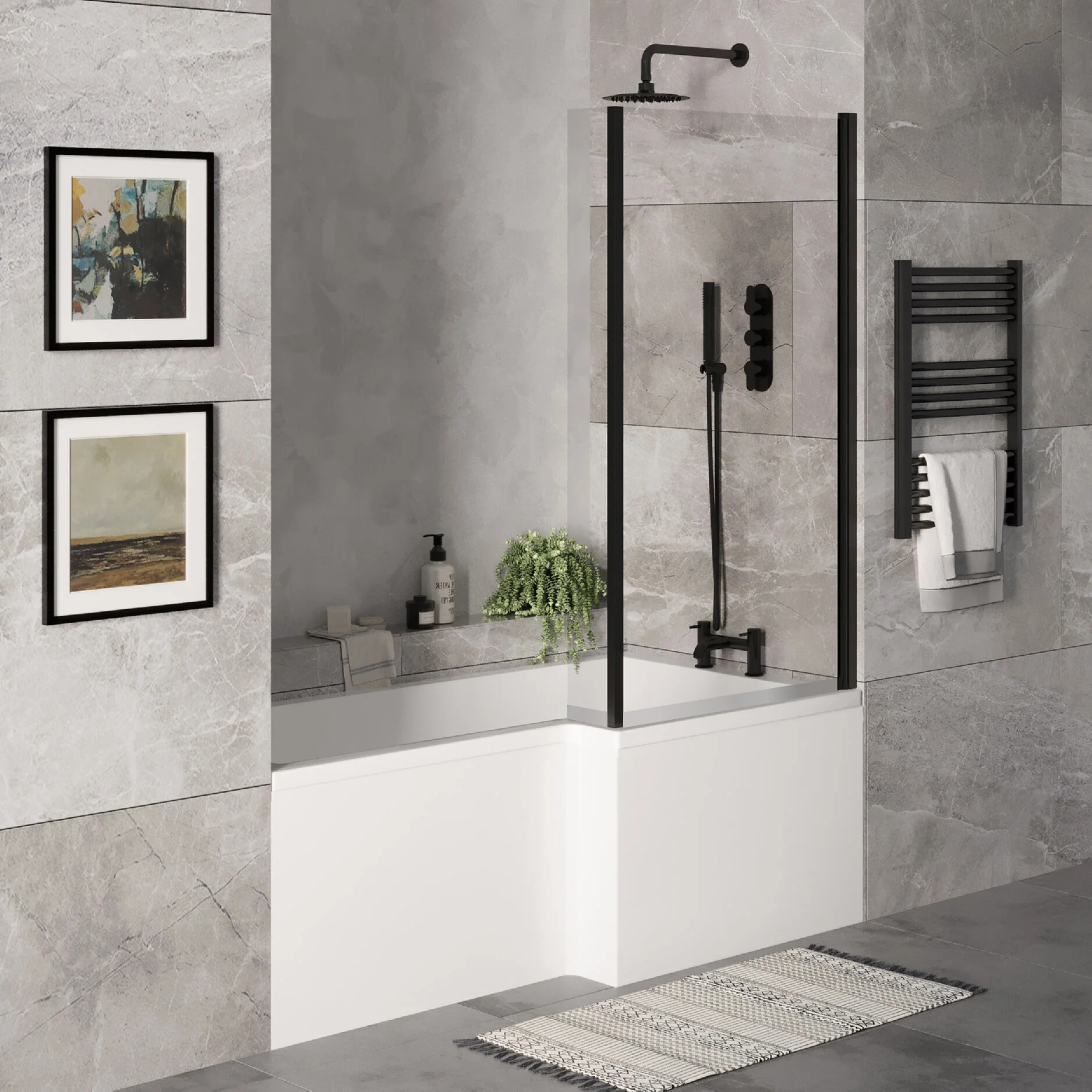 L Shape 1700x850 Shower Bath Set - Front Panel & Black Fixed Return Screen, Right Hand - Image 4