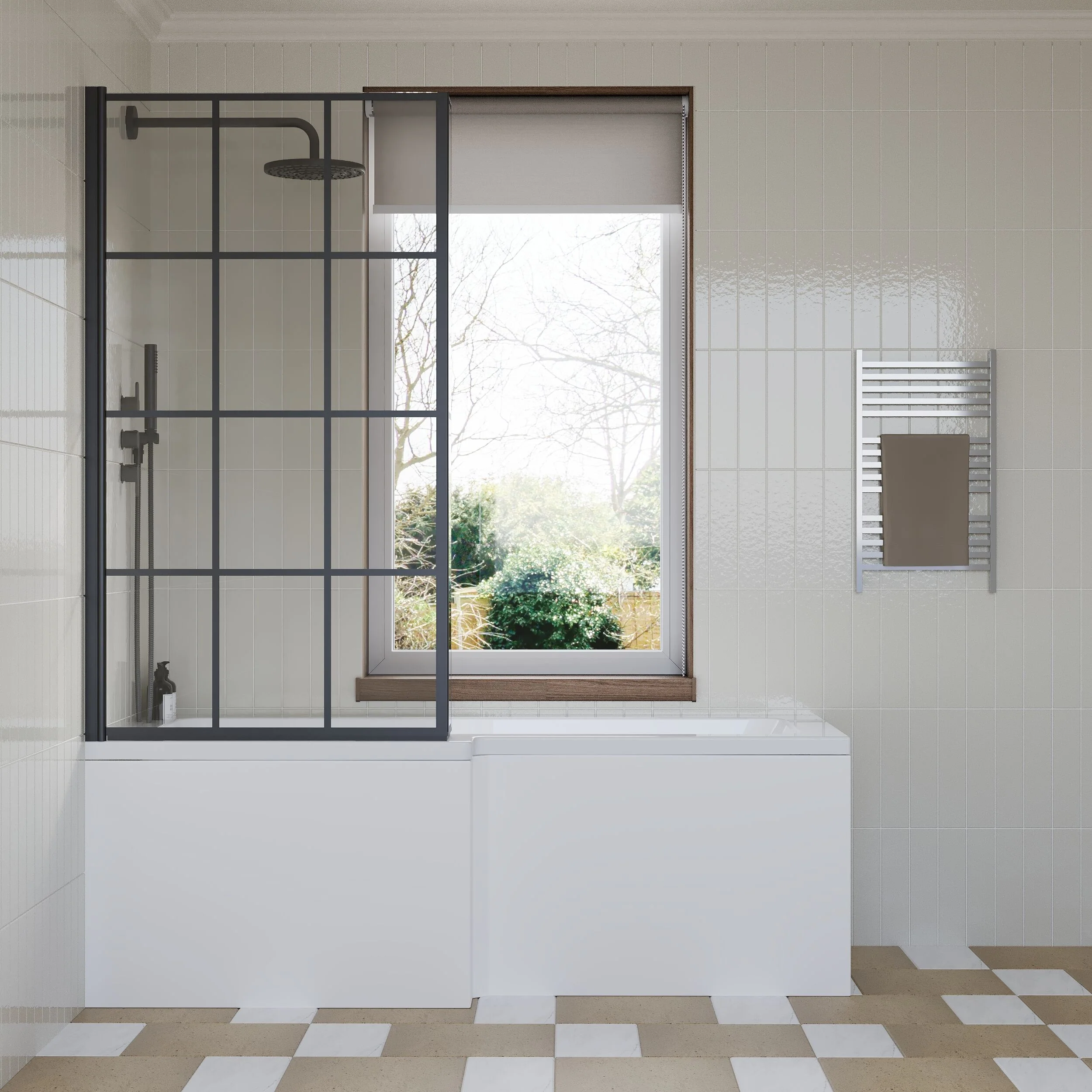 L Shape 1700x850 Shower Bath Set - Front Panel & Black Grid Fixed Return Screen, Right Hand - Image 2