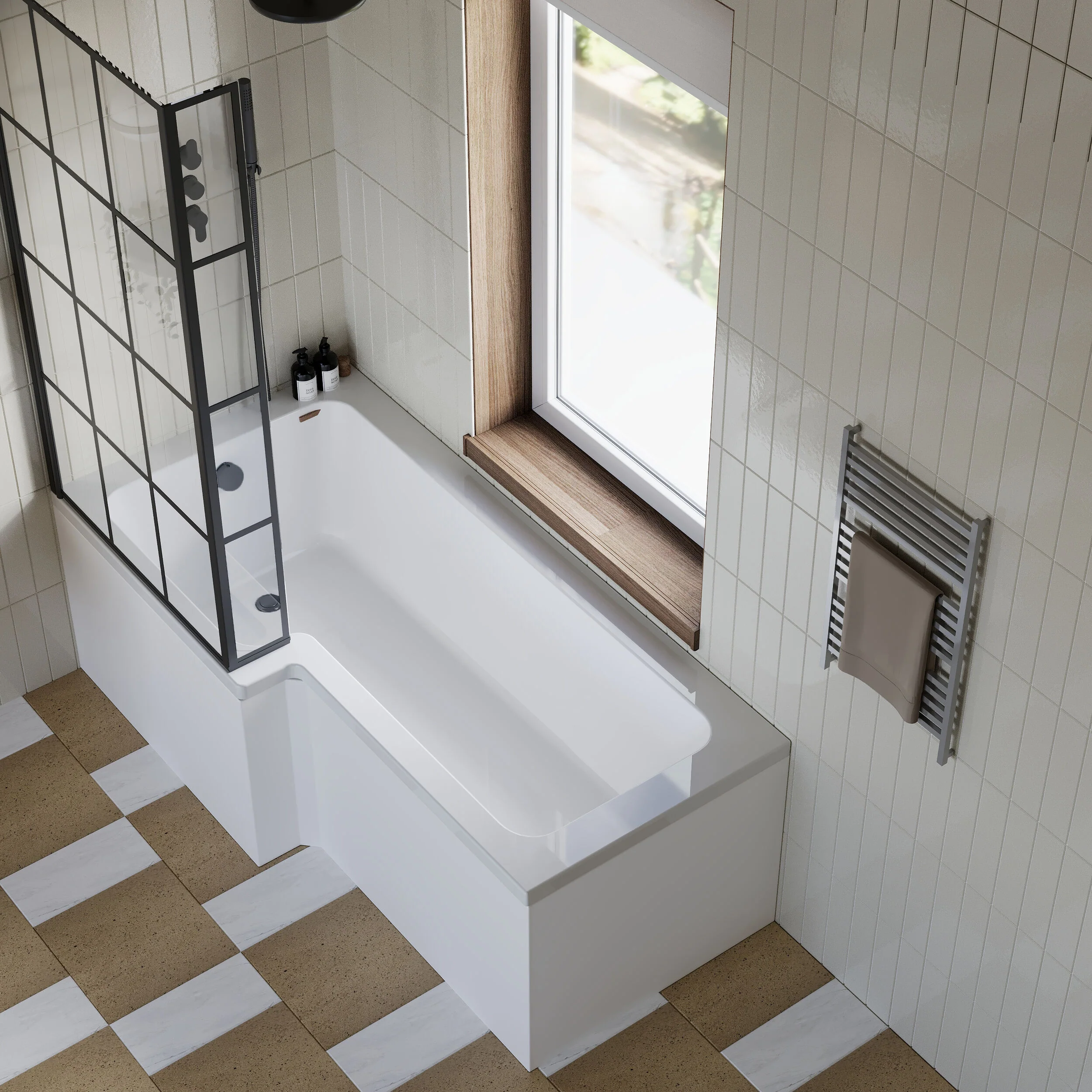 L Shape 1700x850 Shower Bath Set - Front Panel & Black Grid Fixed Return Screen, Right Hand - Image 3