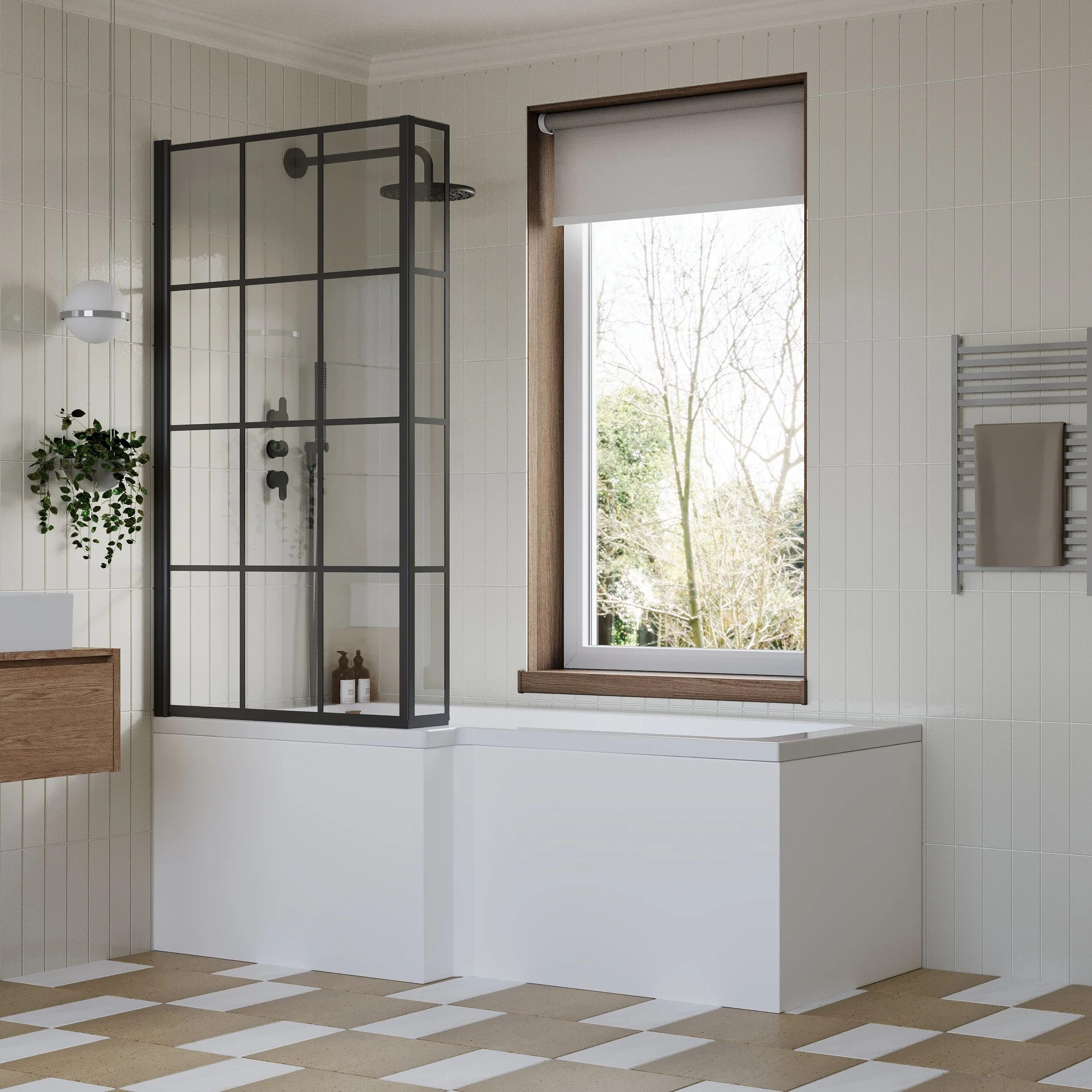 L Shape 1700x850 Shower Bath Set - Front Panel & Black Grid Fixed Return Screen, Right Hand - Image 4