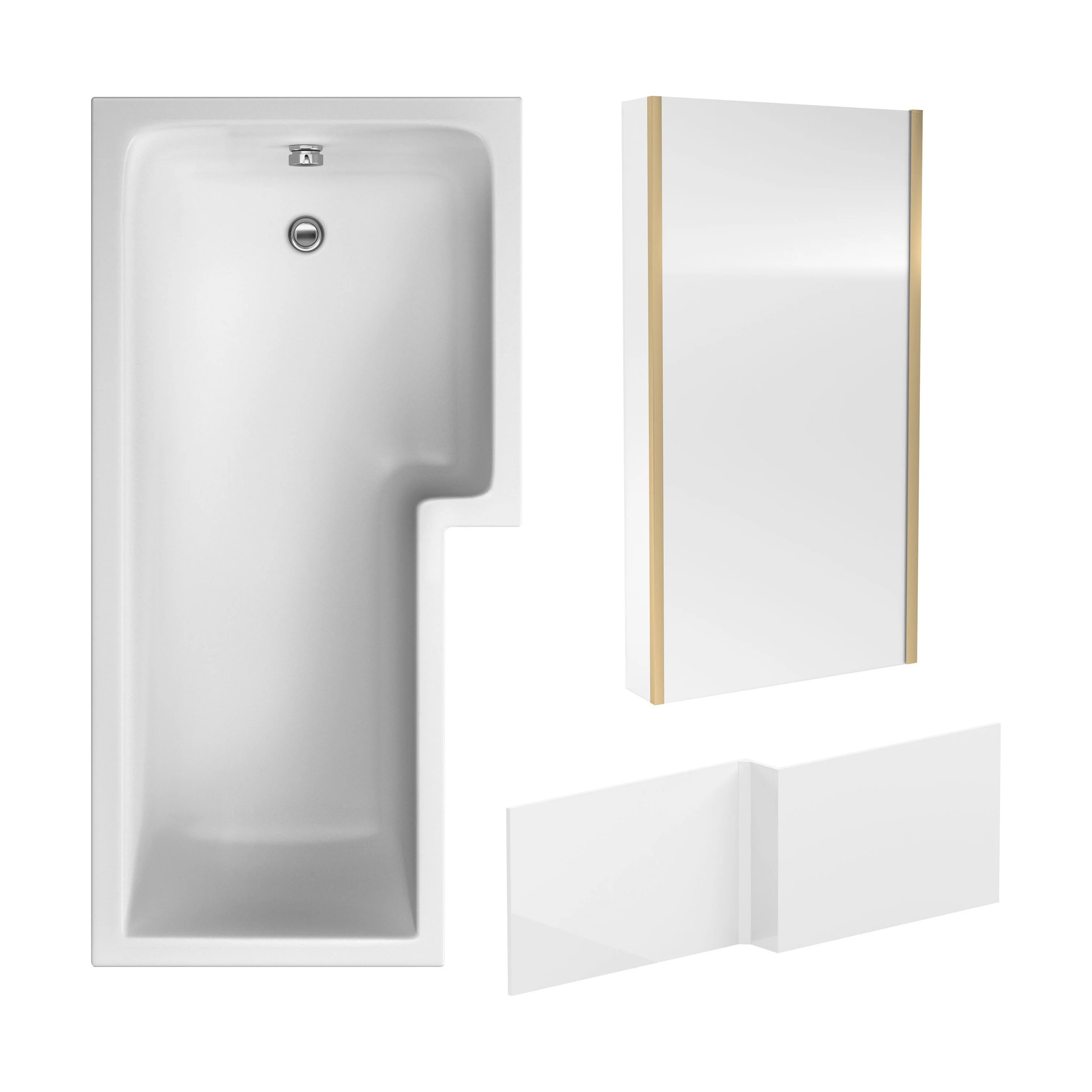 L Shape 1700x850 Shower Bath Set - Front Panel & Brushed Brass Fixed Return Screen, Right Hand