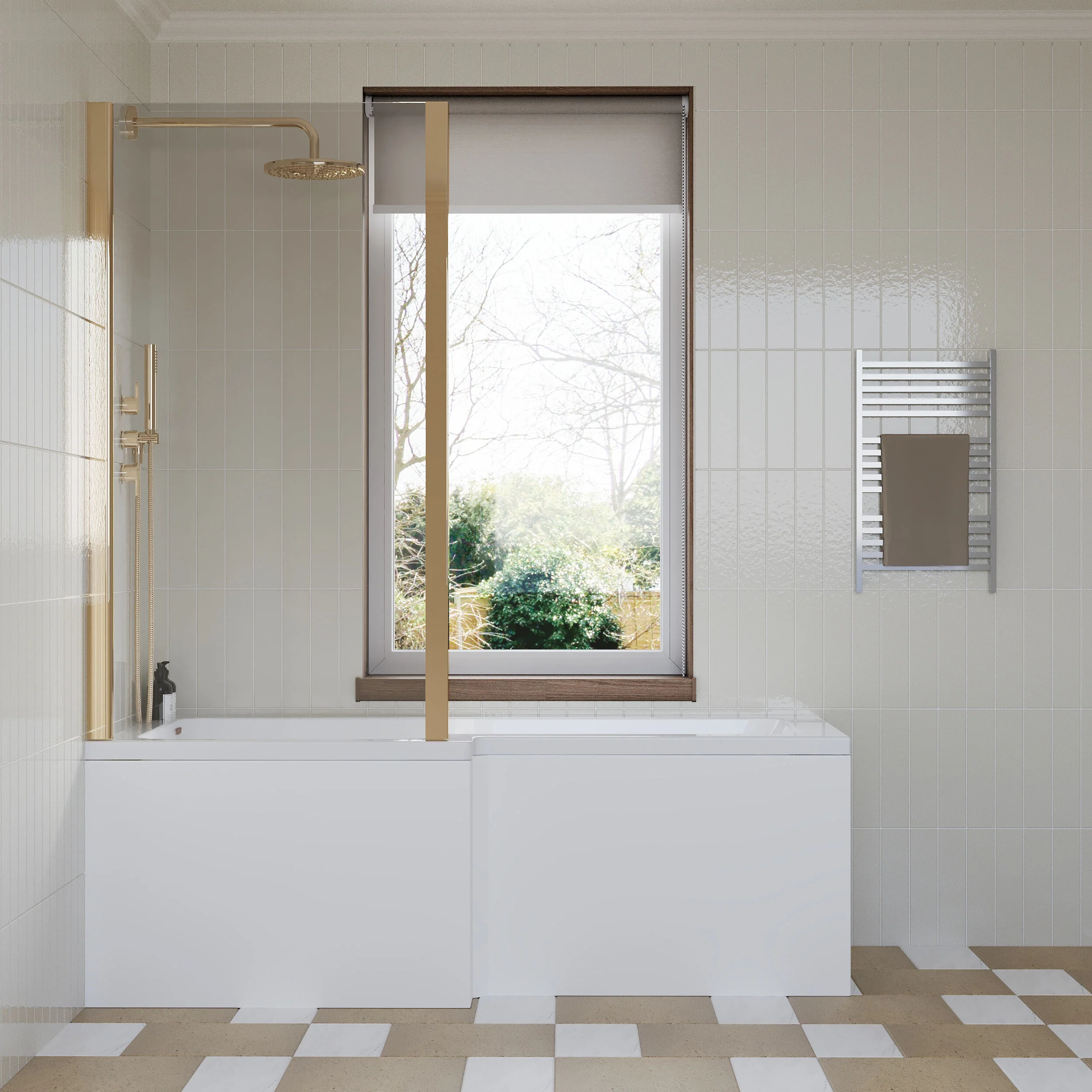 L Shape 1700x850 Shower Bath Set - Front Panel & Brushed Brass Fixed Return Screen, Right Hand - Image 2