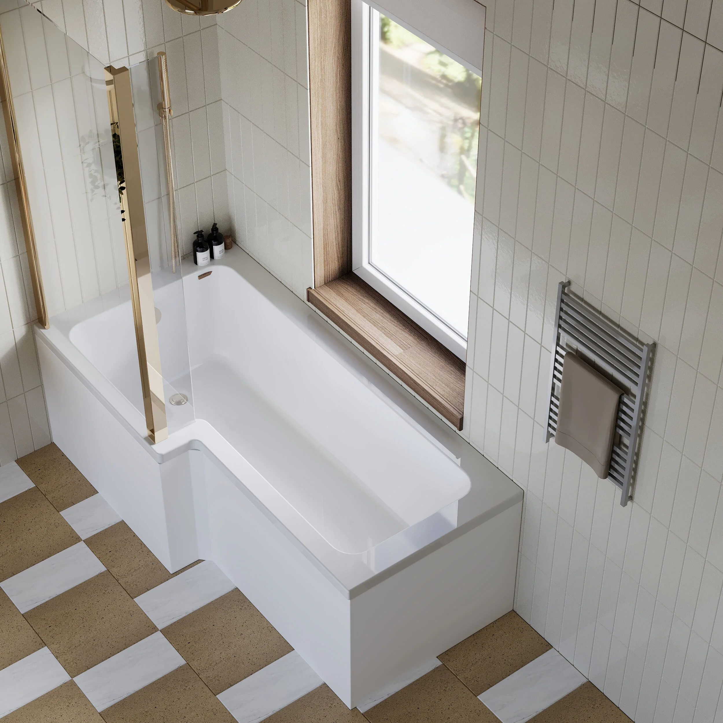 L Shape 1700x850 Shower Bath Set - Front Panel & Brushed Brass Fixed Return Screen, Right Hand - Image 3