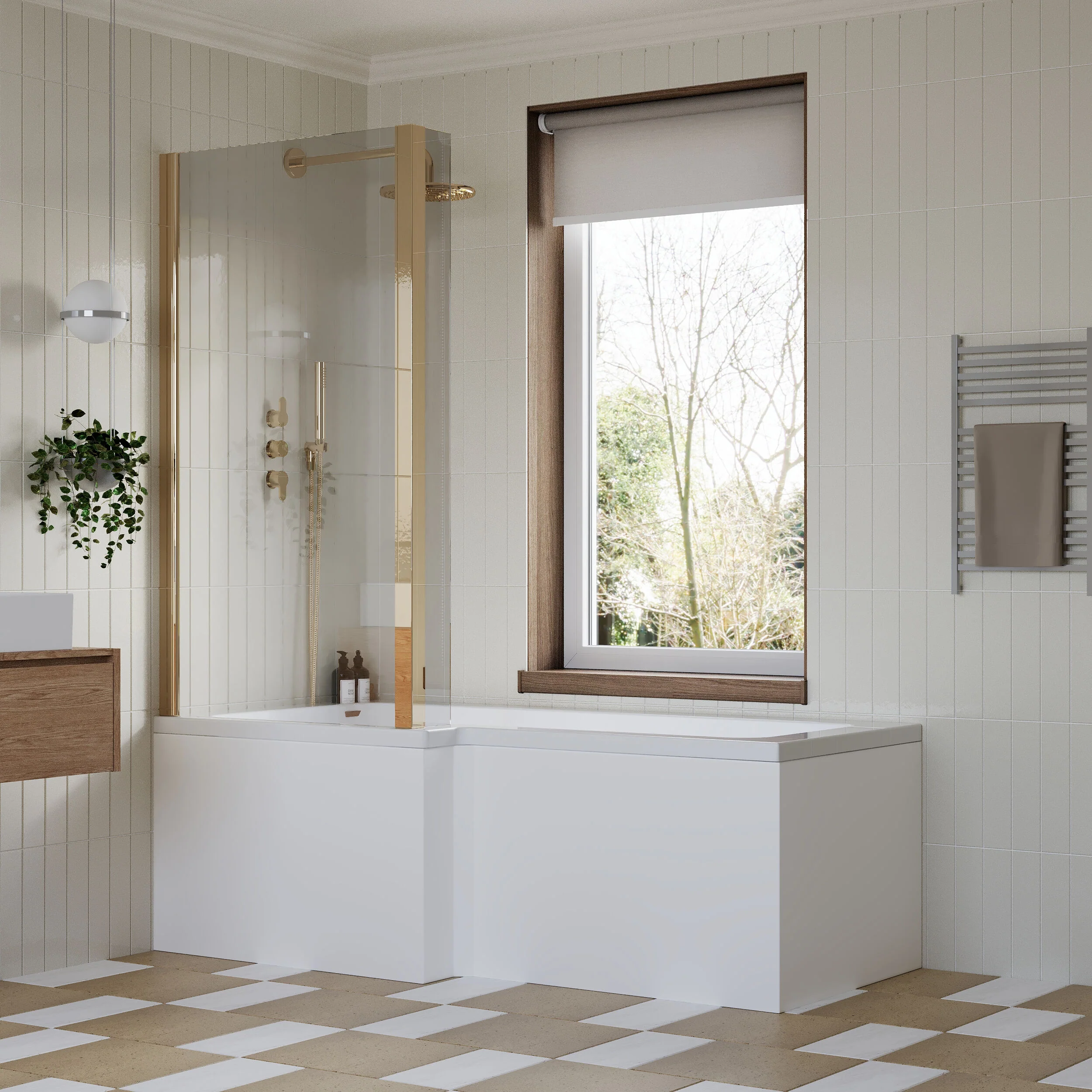 L Shape 1700x850 Shower Bath Set - Front Panel & Brushed Brass Fixed Return Screen, Right Hand - Image 4
