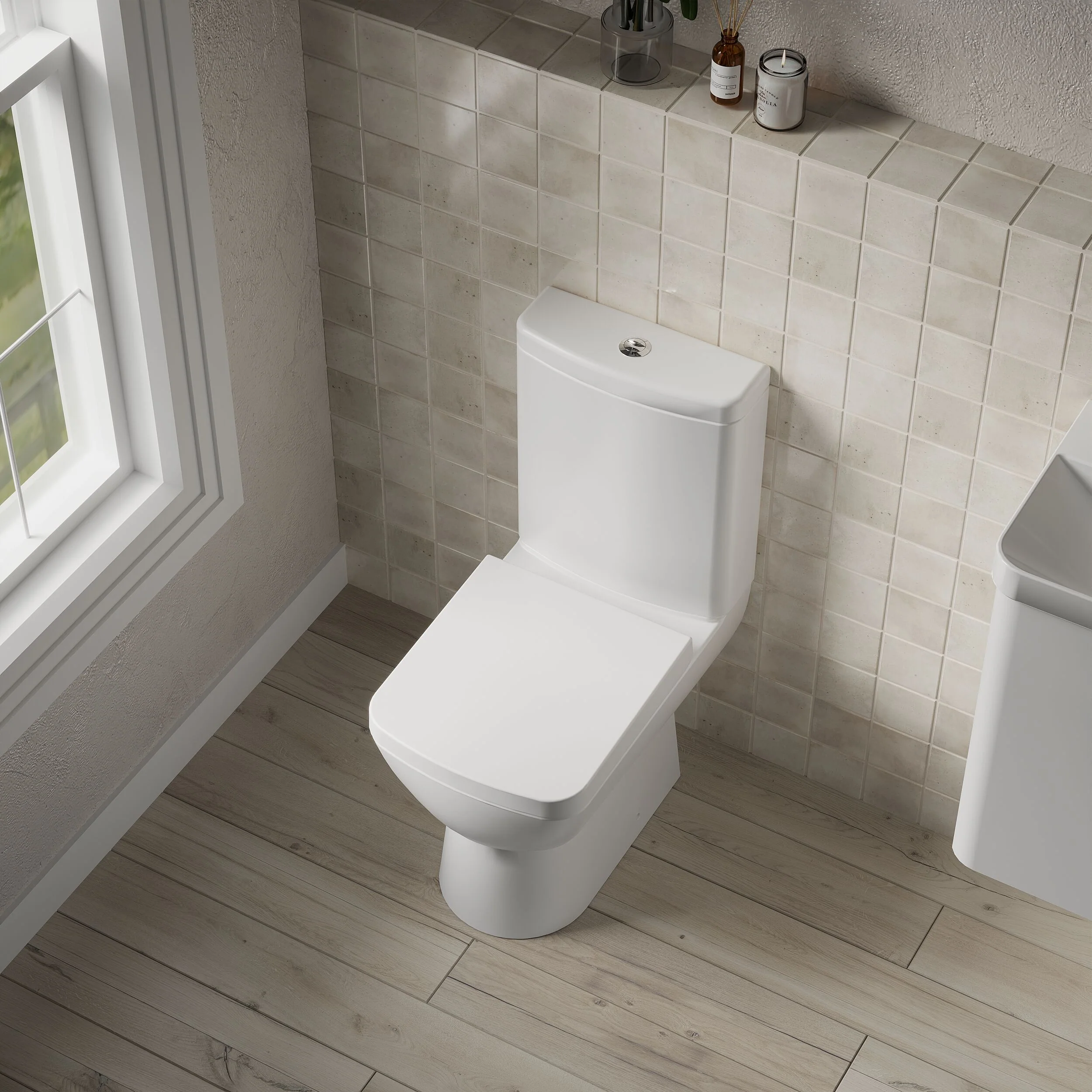 Balterley Semi Flush to Wall Close Coupled WC Toilet & Seat, Modern Square Design, 825mm - Image 3