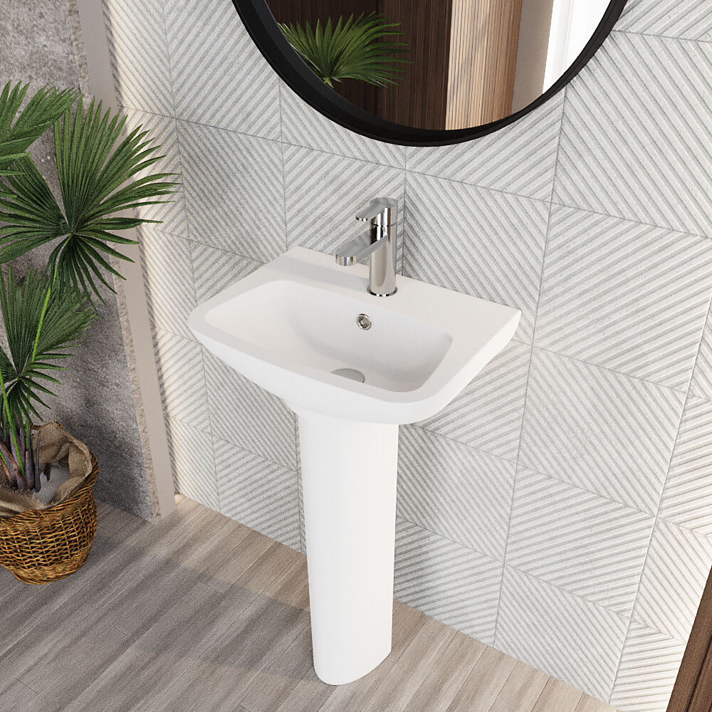 Soft Square Contemporary 1 Tap Hole Ceramic Basin and Pedestal, Choice of Basin Size - Image 3